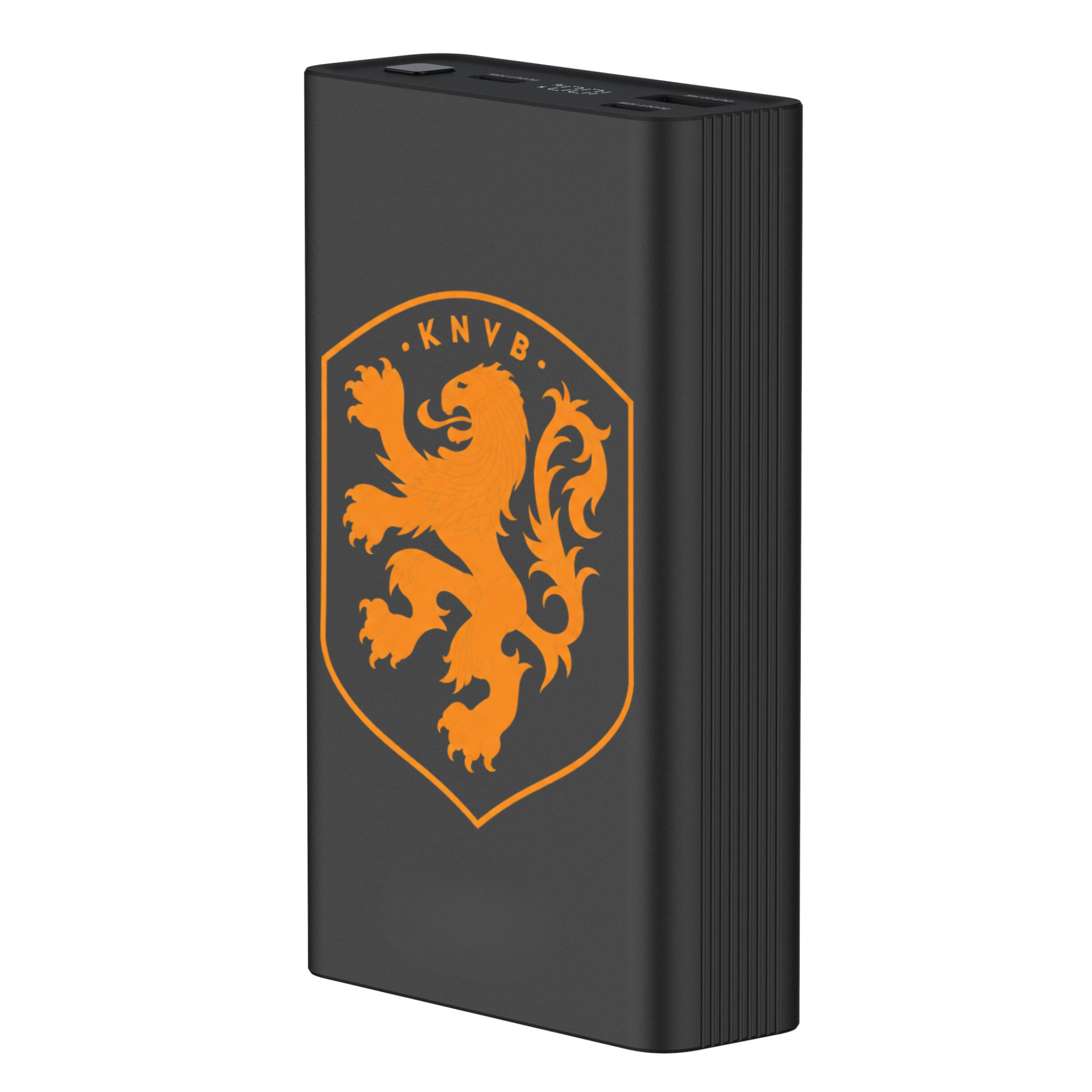 Zwarte powerbank met oranje leeuwenwapen en KNV B logo.