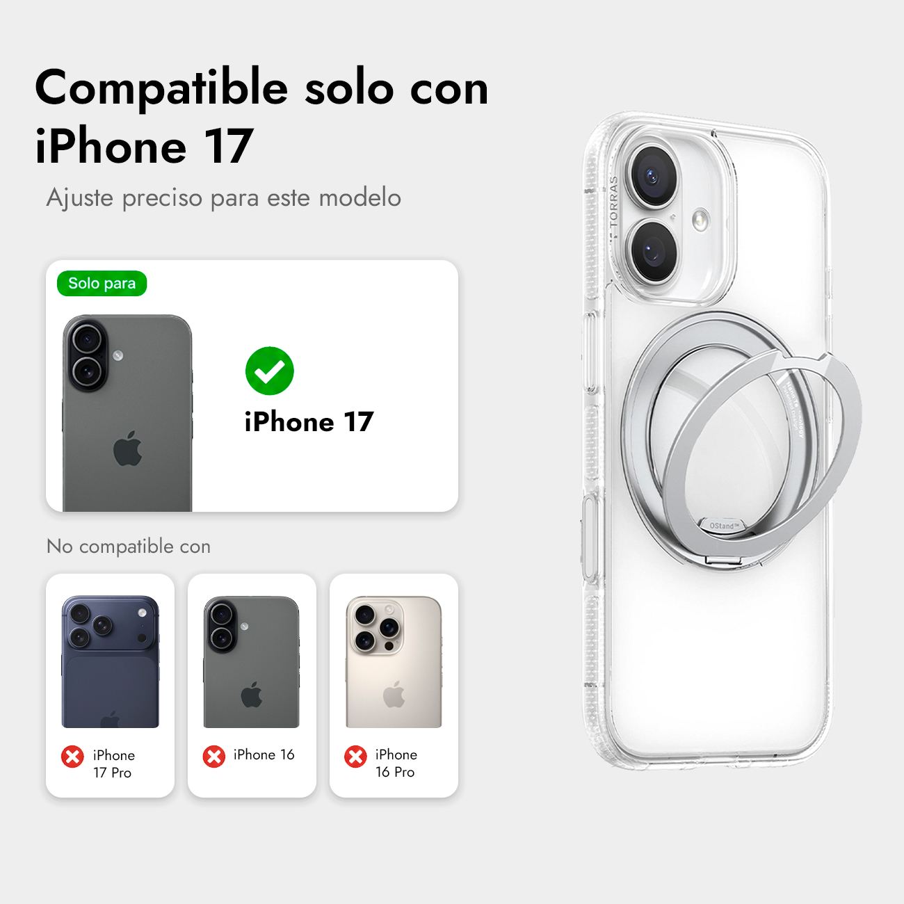 Funda transparente con anillo para iPhone 17. No compatible con iPhone 17 Pro/16/16 Pro.