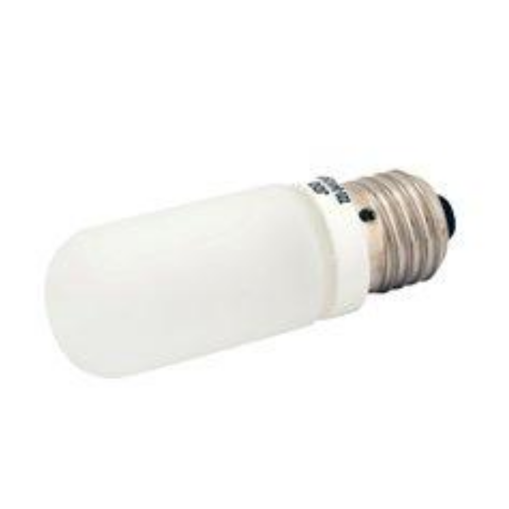 Een witte, matglazen, cilindervormige gloeilamp met een zilveren schroefdraadvoet is horizontaal te zien.