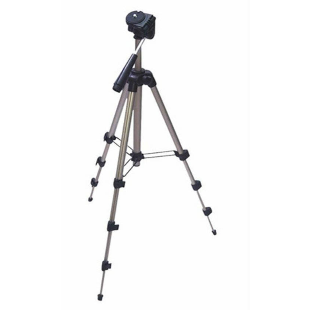Een zilverkleurig statief met zwarte cameramontage op witte achtergrond.