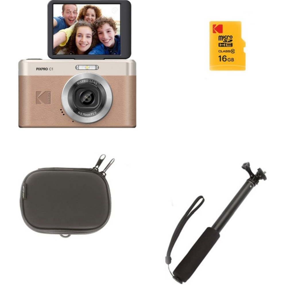 Digitale camera, SD-kaart, camerahoes en selfiestick op witte achtergrond.