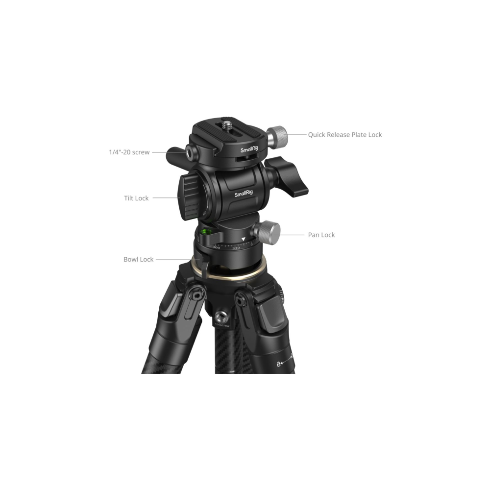 A black tripod head with locks and labels, including 'Tilt Lock'.