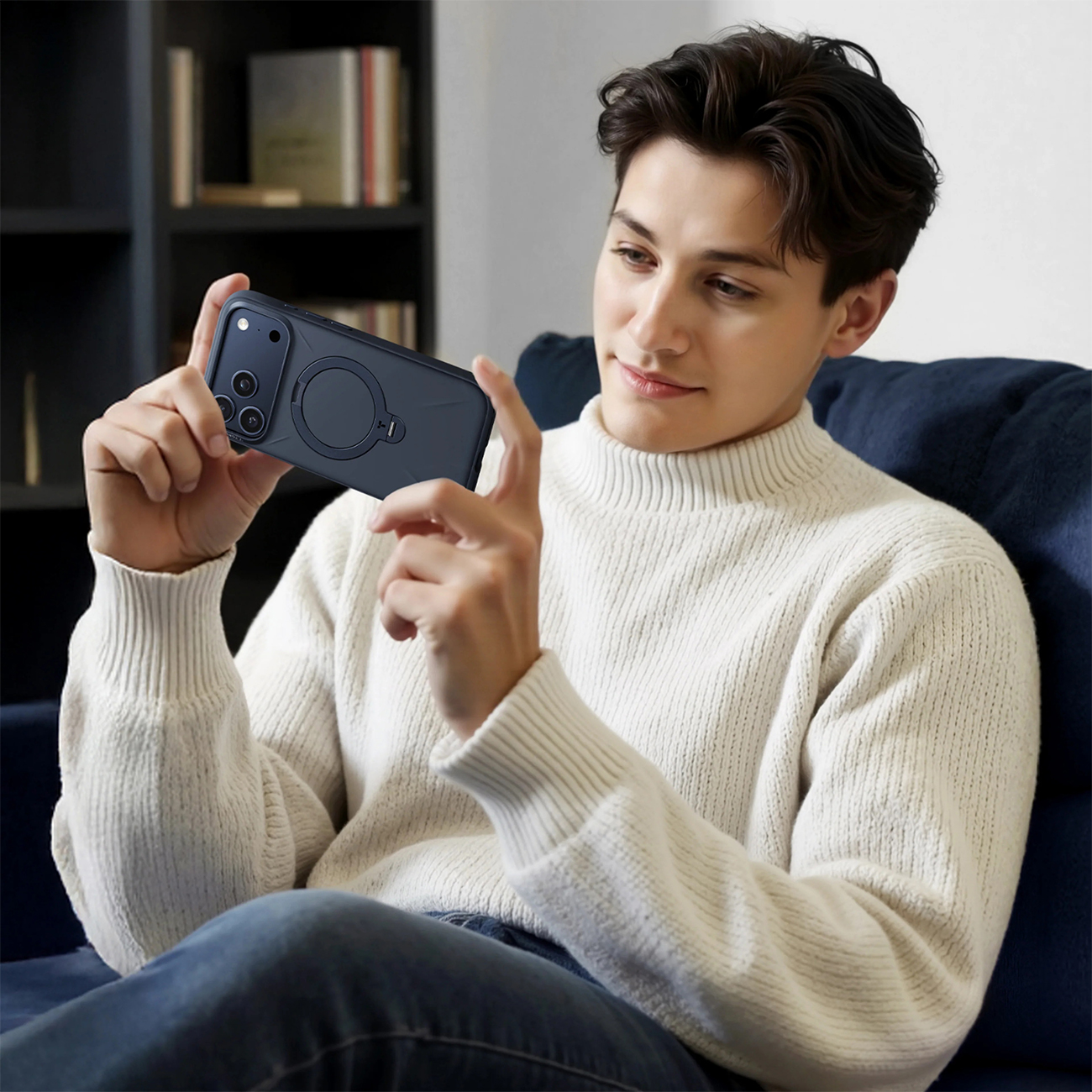 Un hombre con suéter blanco sostiene un teléfono oscuro con funda.