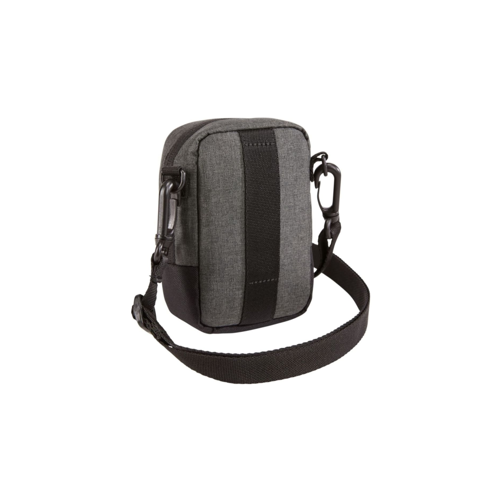 A small gray bag with a black strap and carabiners.