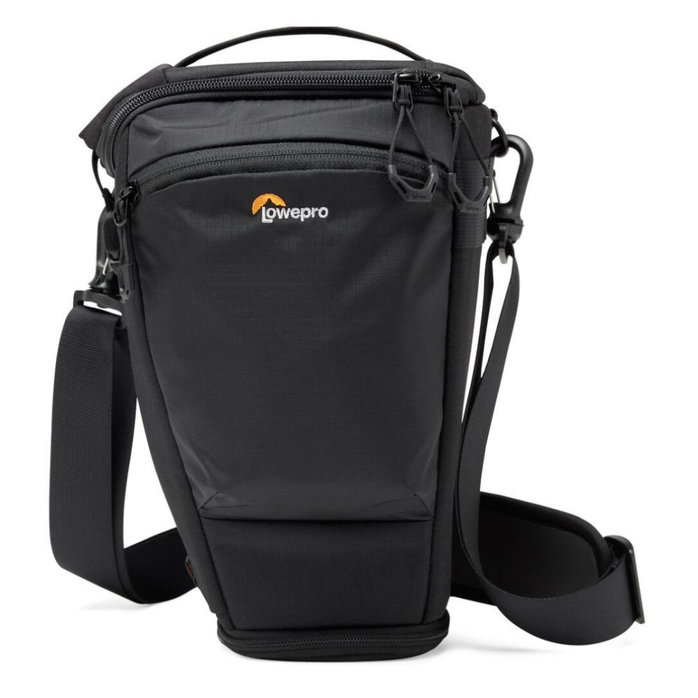 Een zwarte Lowepro cameratass met schouderband en ritsen.