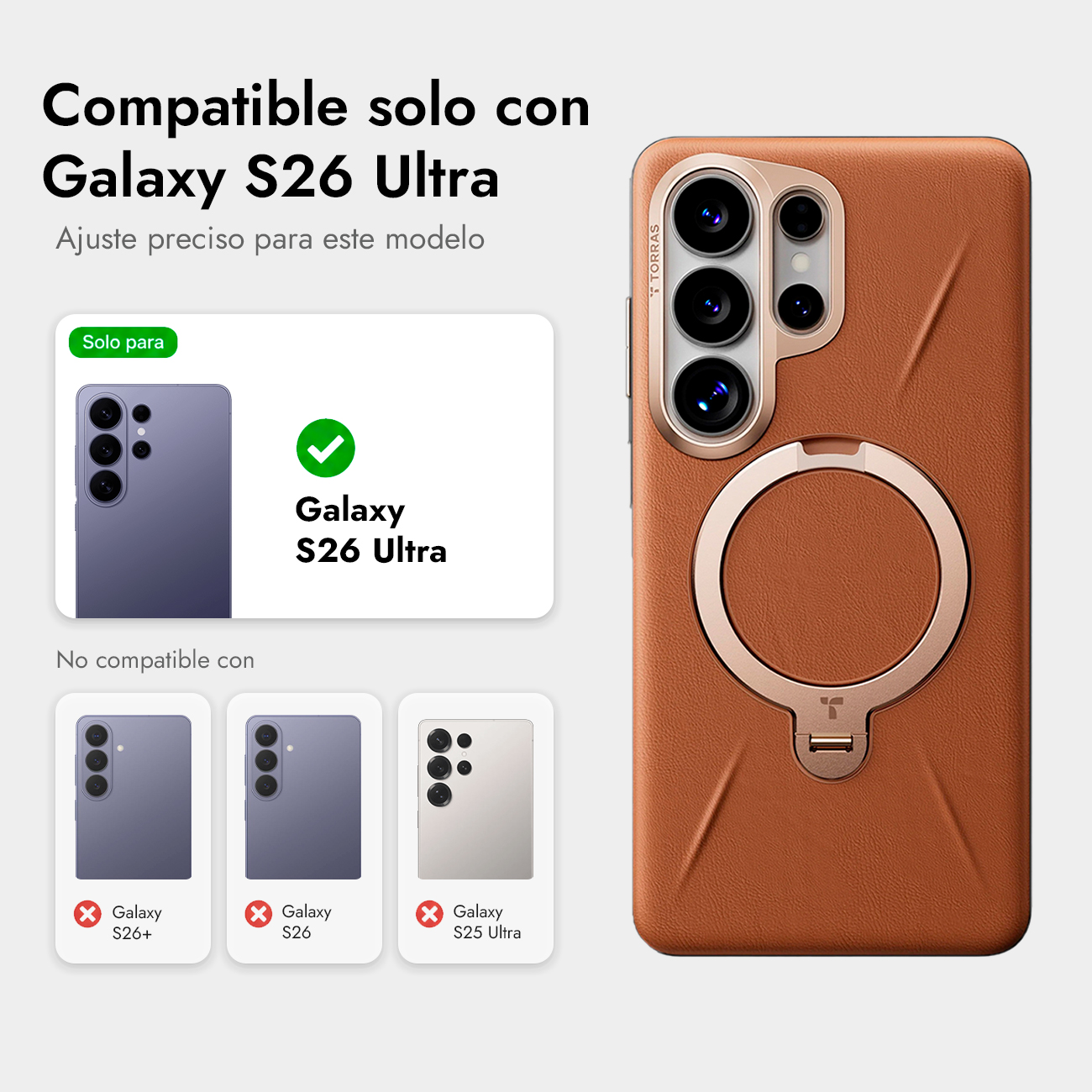 Funda marrón con soporte de anillo para Galaxy S26 Ultra. Compatibilidad mostrada.