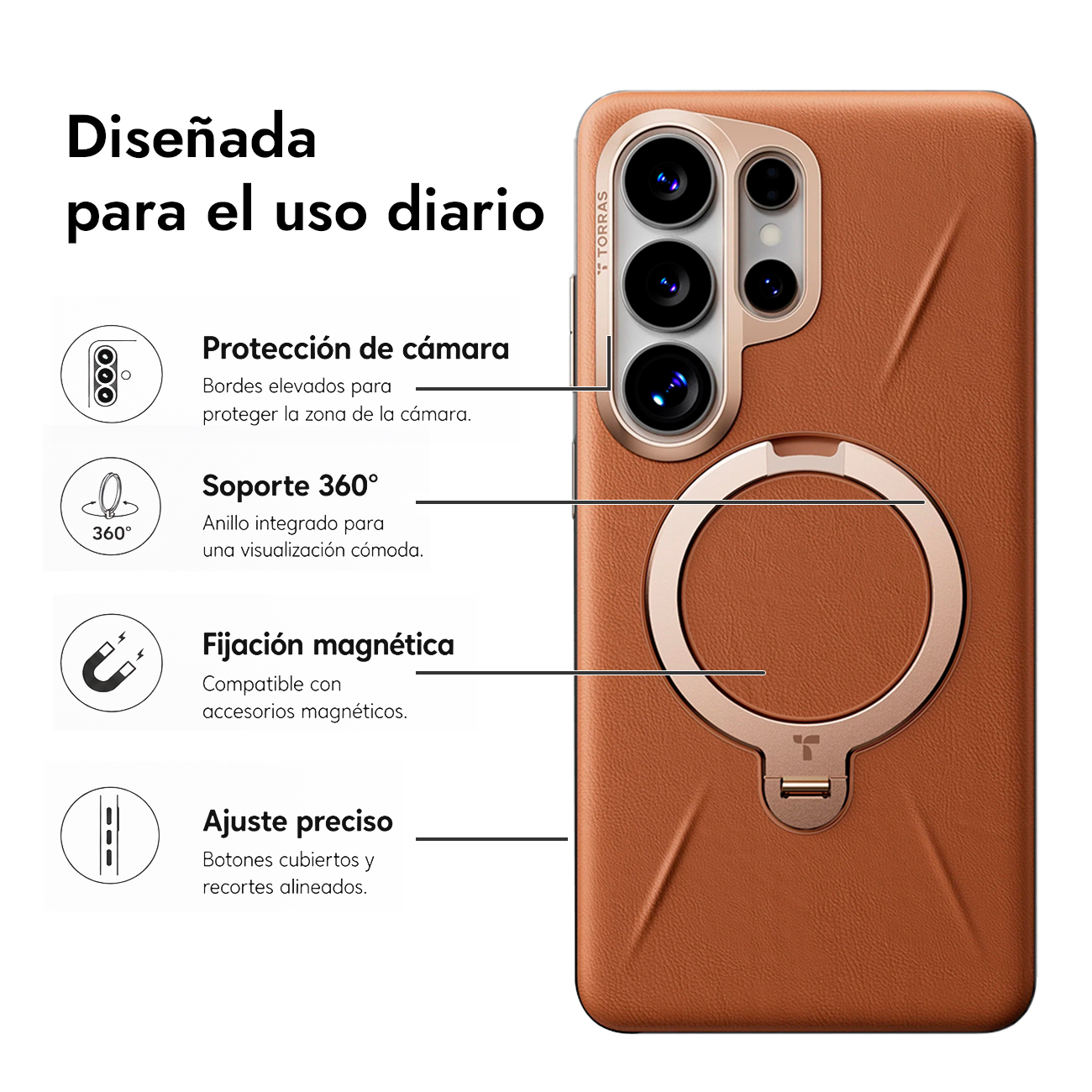 Funda de móvil marrón con protección de cámara, soporte 360° y soporte magnético.