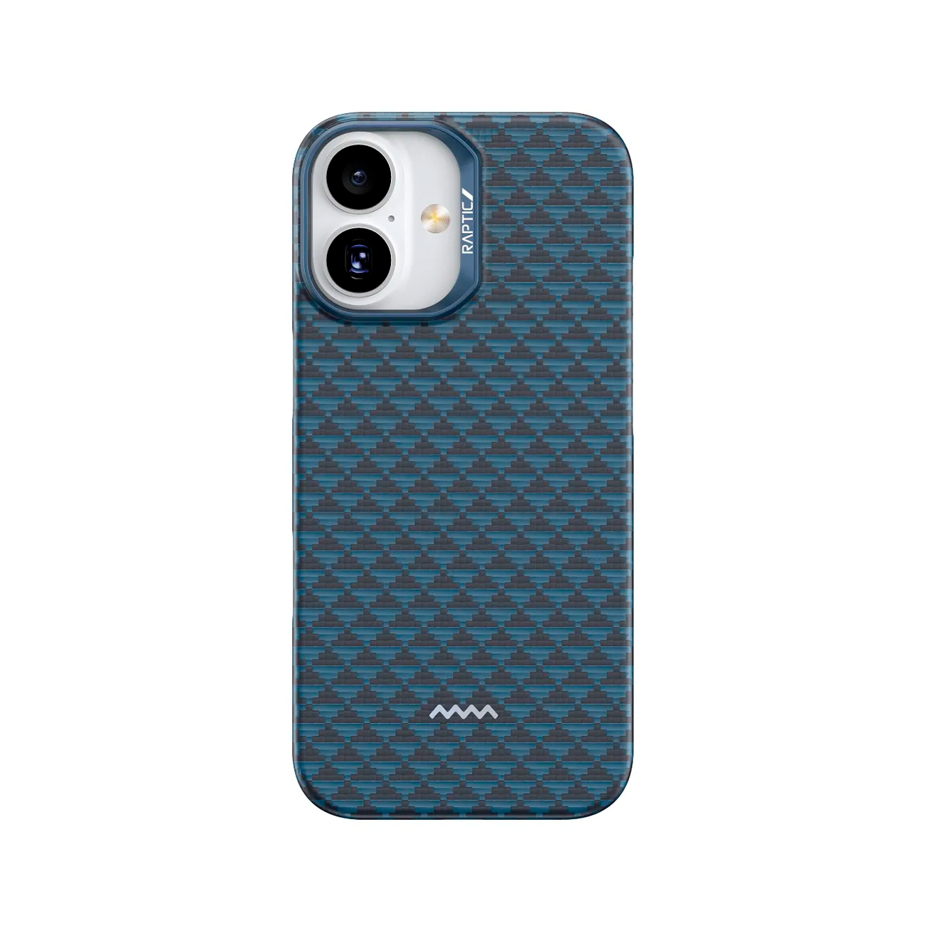 Un teléfono azul con patrón negro y dos cámaras.