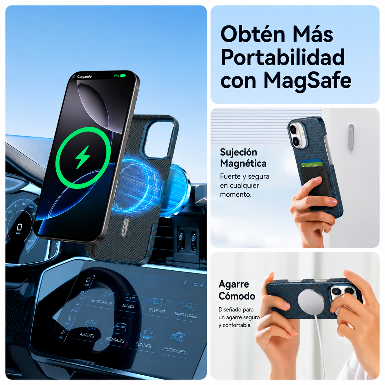 Un iPhone se carga inalámbricamente en un coche, al lado hay una funda.