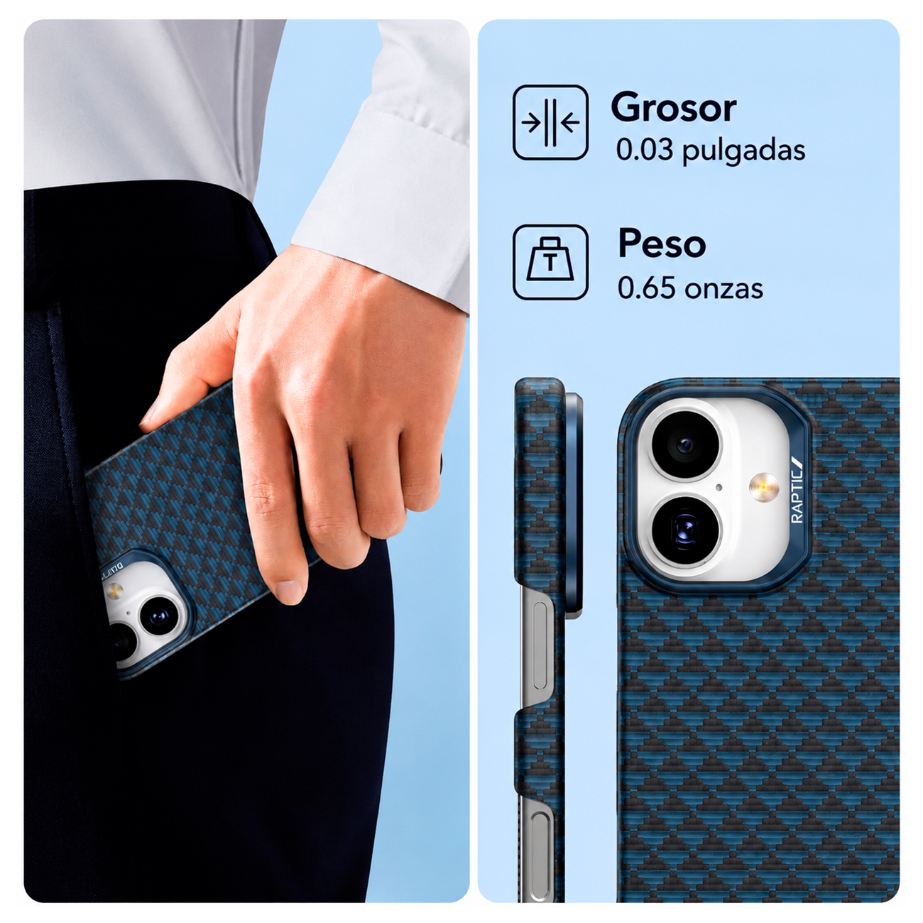 Funda de iPhone con patrón de carbono azul, grosor 0,03 pulgadas, peso 0,65 oz.