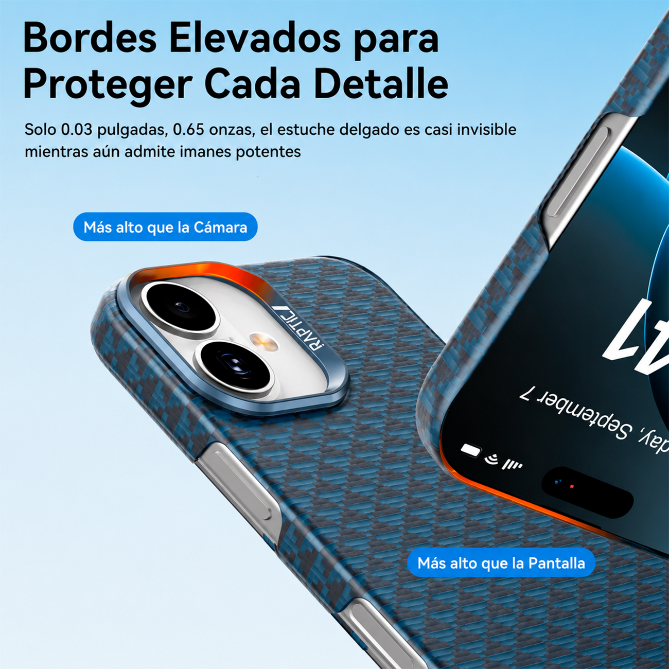 Funda de teléfono azul con protección de cámara y bordes elevados.