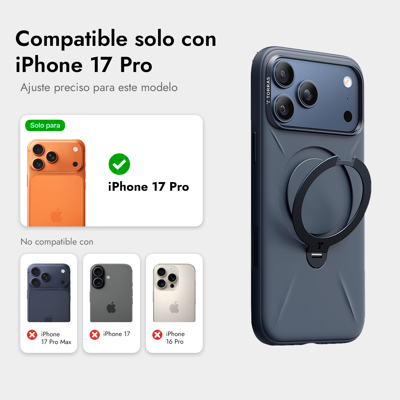 Una funda gris oscura para iPhone 17 Pro con soporte de anillo y pantalla de compatibilidad.