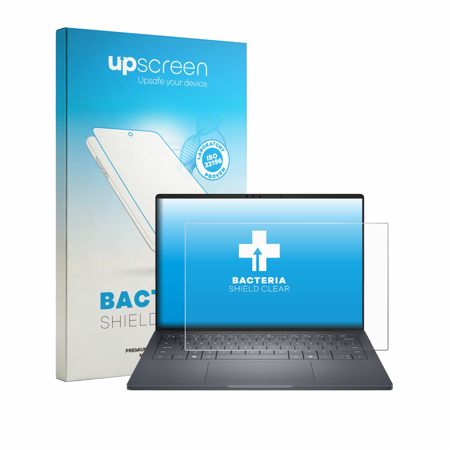 Ein Laptop mit aufgesetztem Displayschutz, daneben die Verpackung.