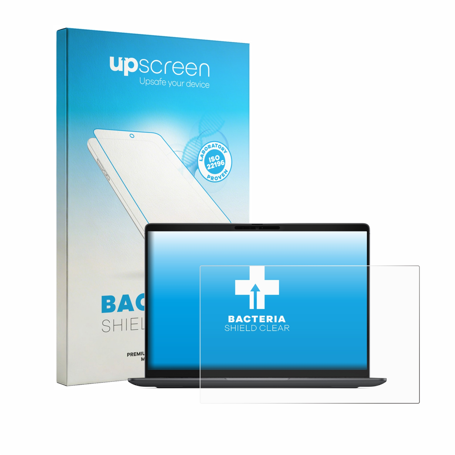 Ein Laptop mit einem Displayschutz und der Verpackung. ISO 22196 geprüft.