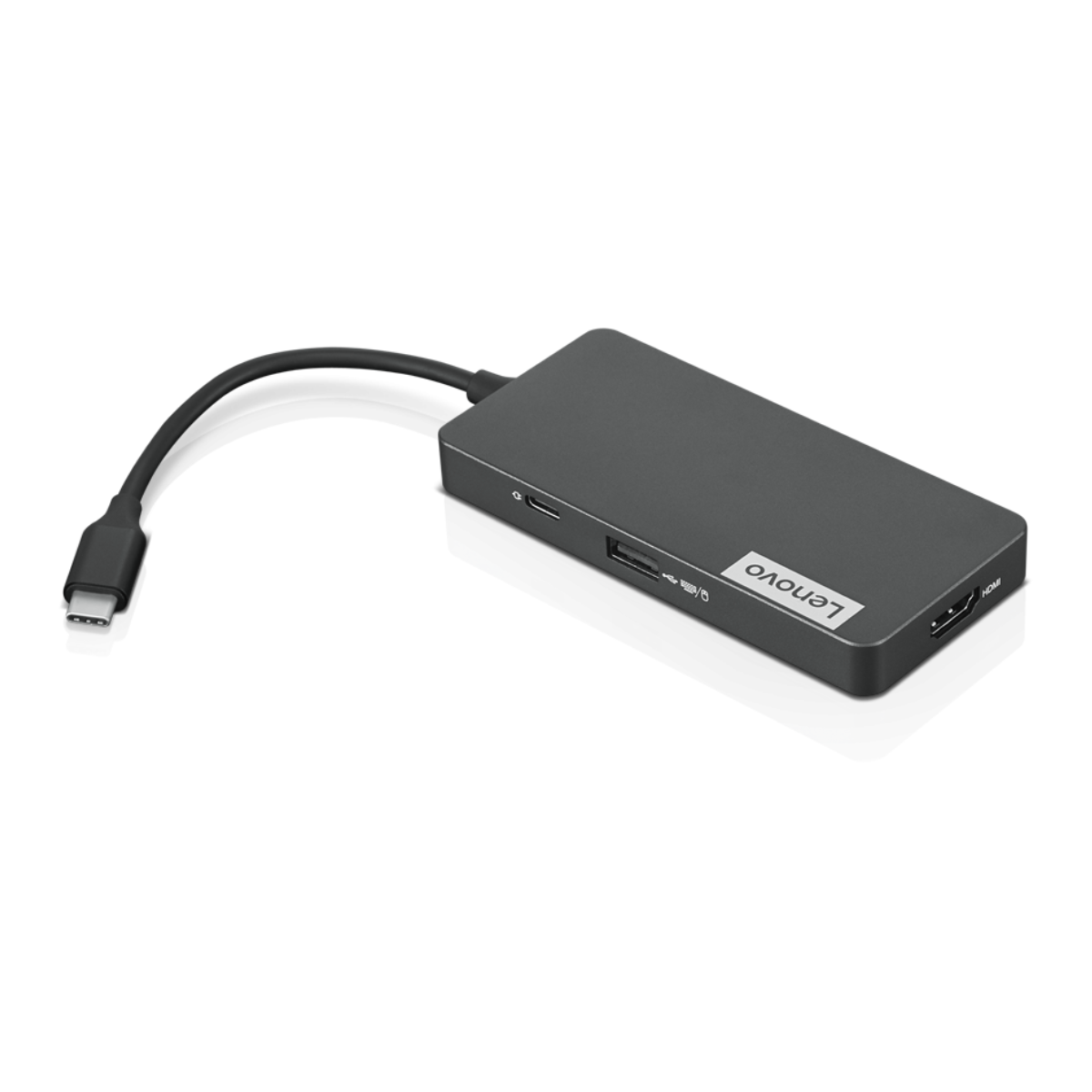 Eine graue Lenovo USB-C-Dockingstation mit kurzem schwarzem Kabel und USB-C-Anschluss.