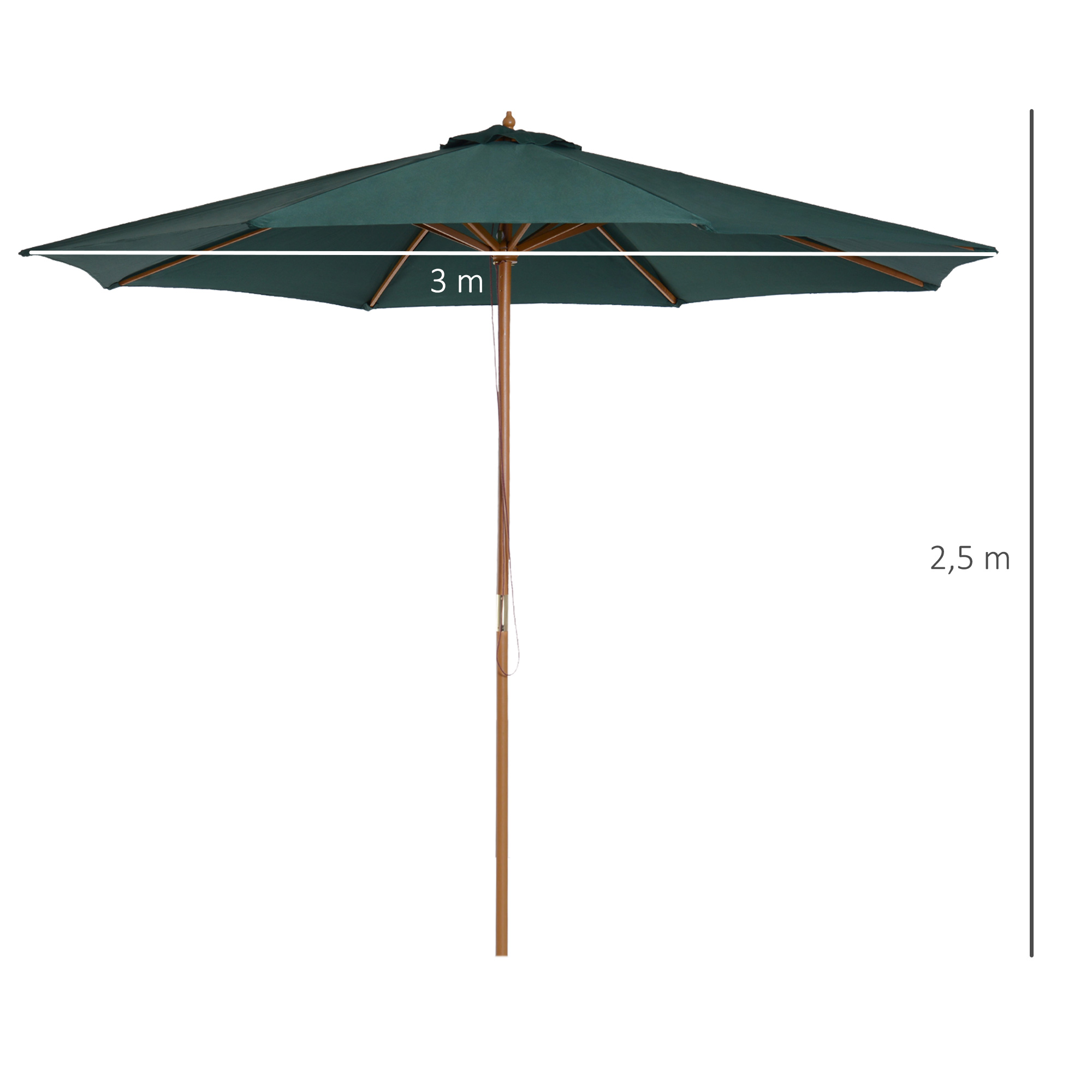 Un parasol verde oscuro con poste de madera, 3 m de ancho y 2,5 m de alto.