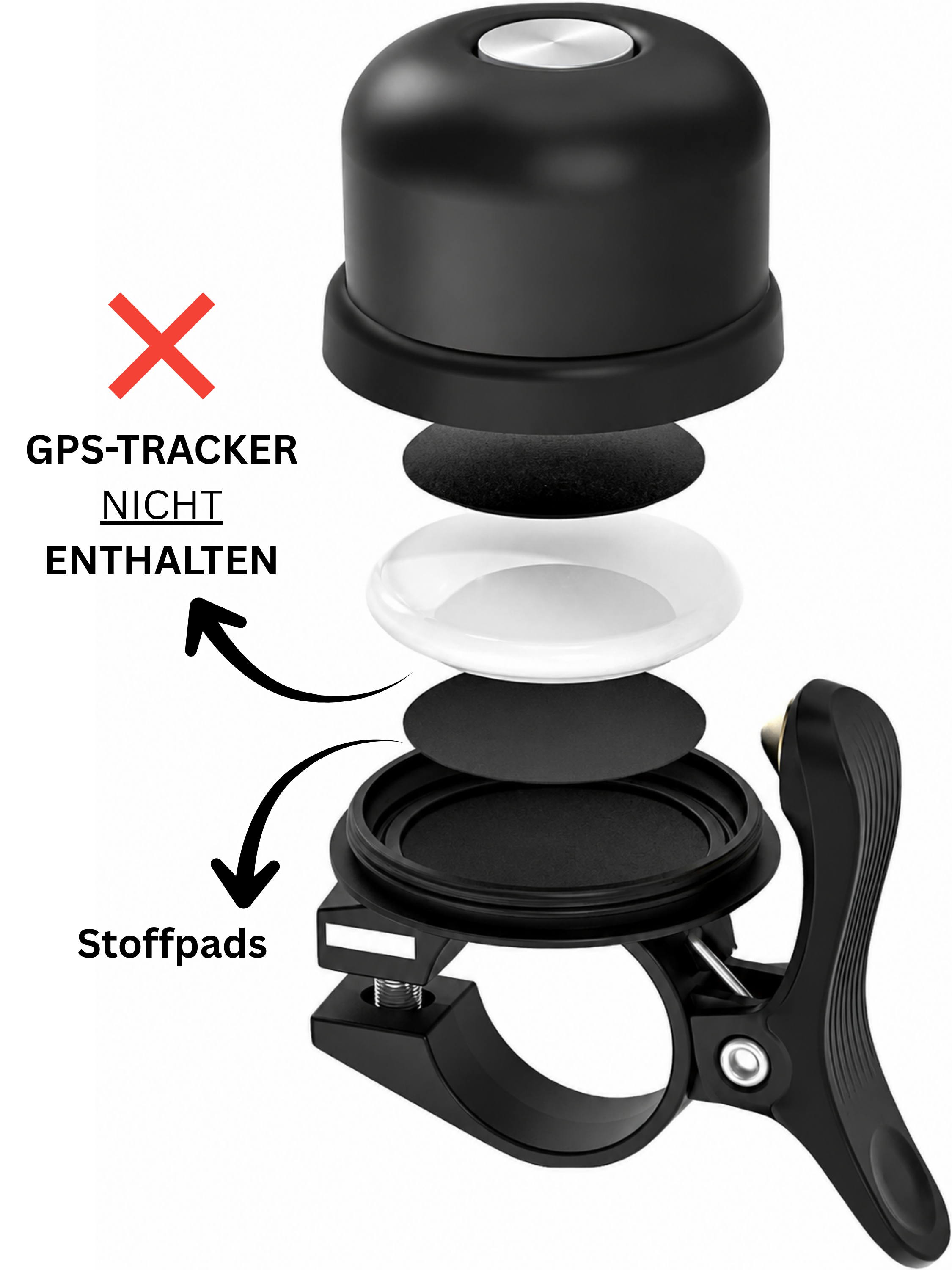 Explosionszeichnung eines Fahrradklingel-Gehäuses, ohne GPS-Tracker.