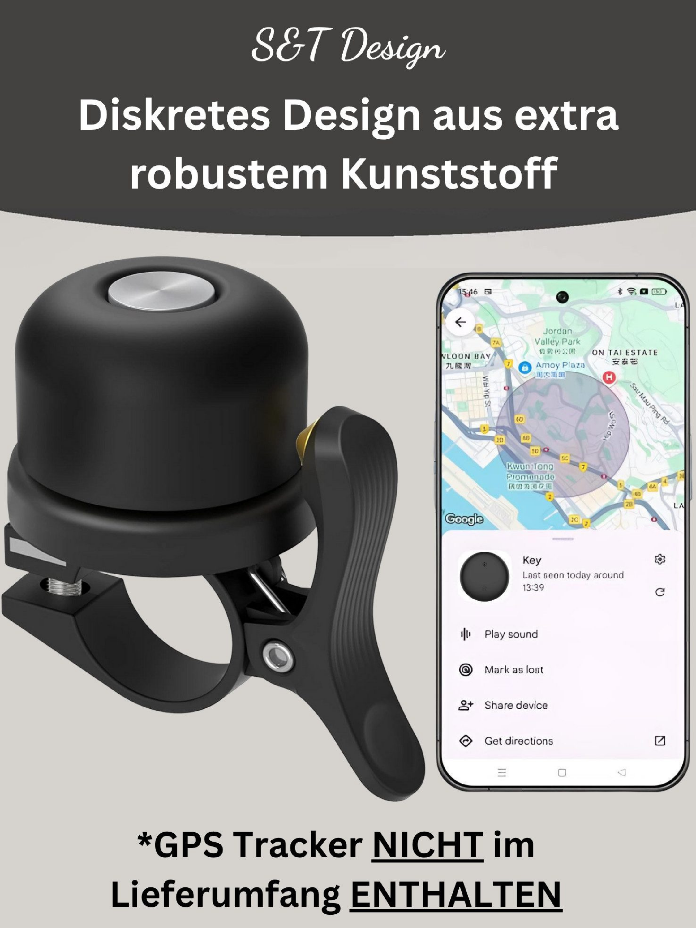 Schwarzer Fahrradklingel neben Smartphone mit Google Maps-Anzeige und Text.