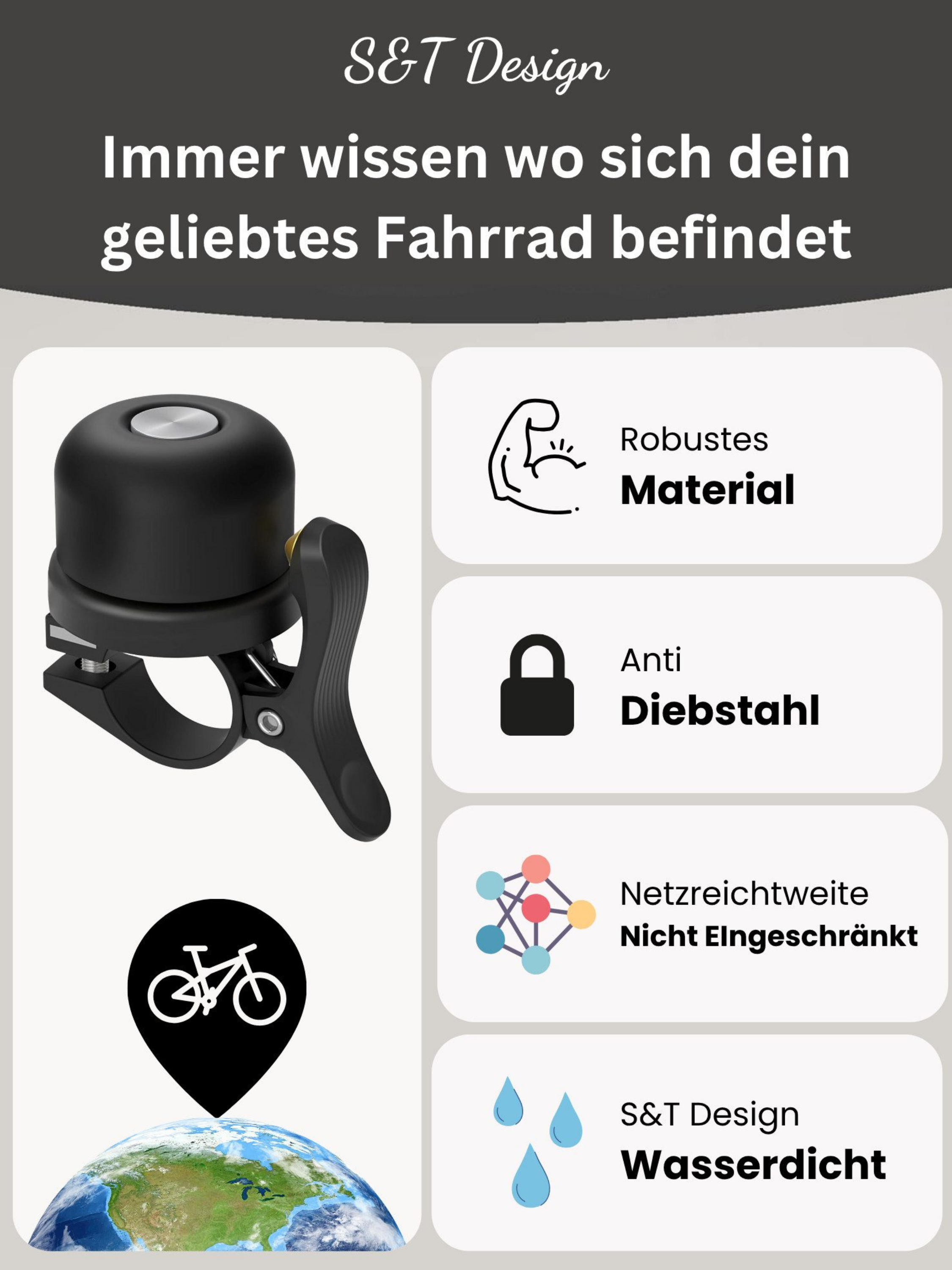 Ein schwarzer Fahrradklingel-Tracker über der Erde.