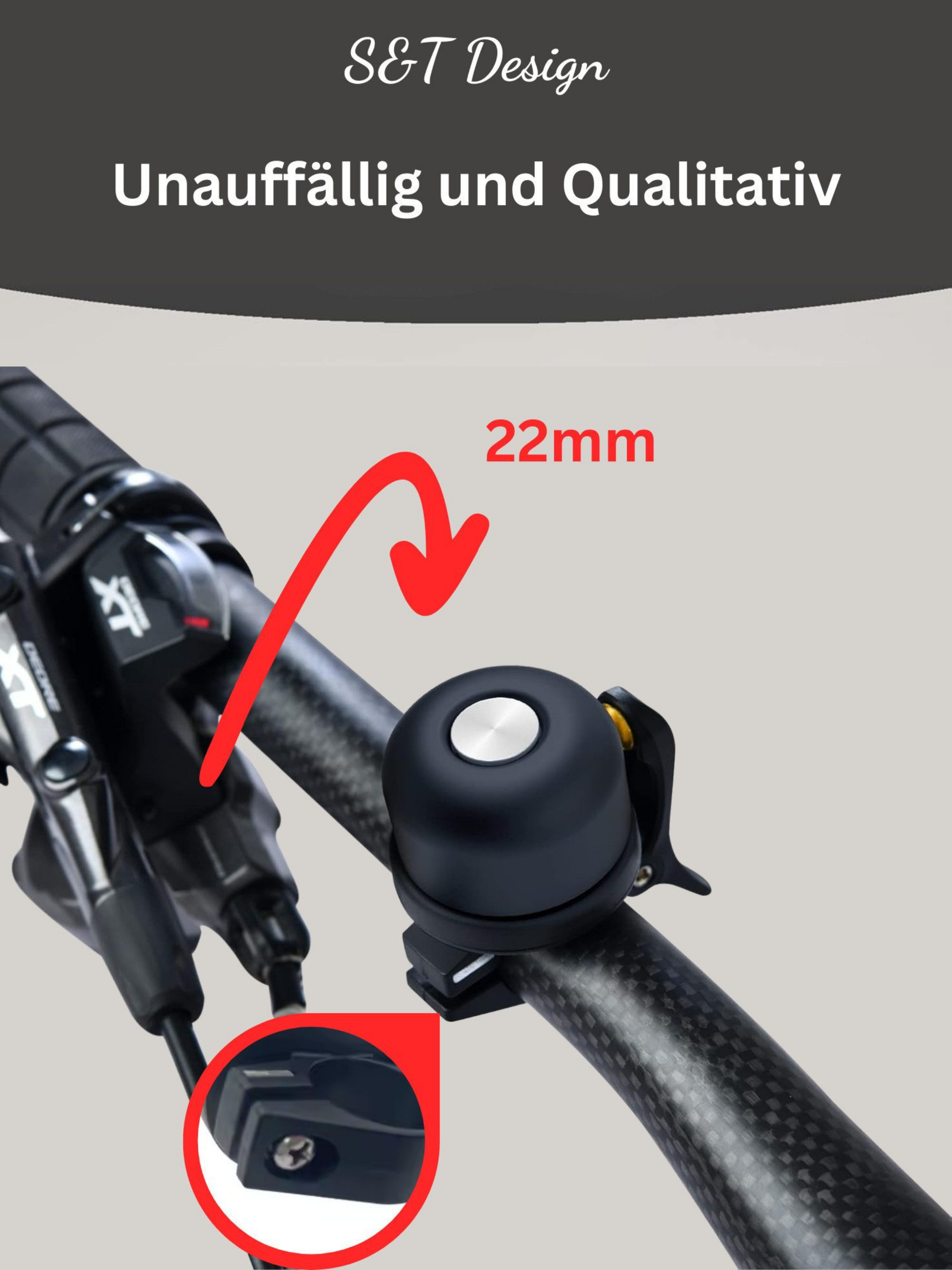 Ein Fahrradklingel auf einem Carbonlenker, 22mm Durchmesser.