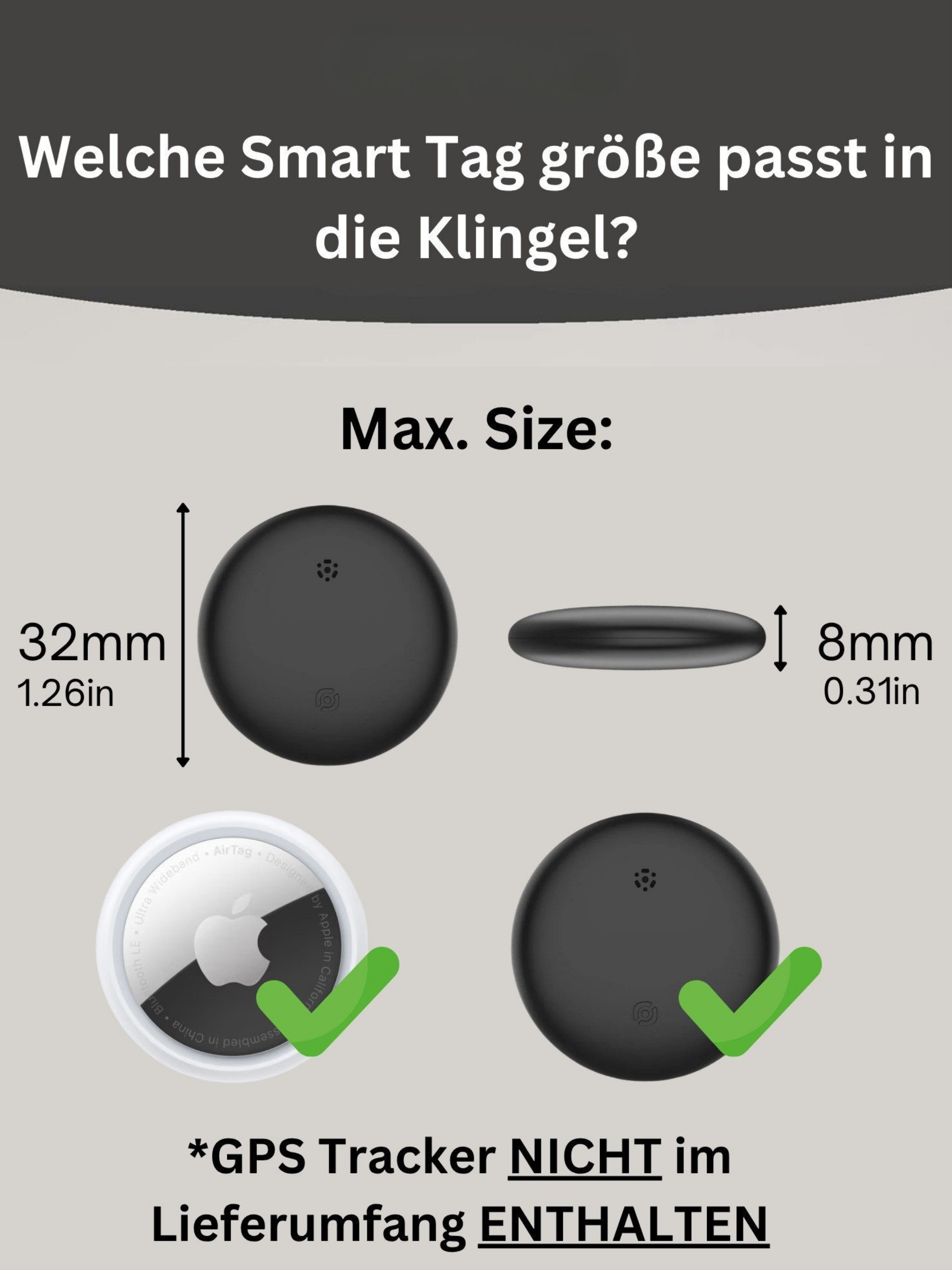 Zeigt einen Smart Tag mit Maßen von 32mm Durchmesser und 8mm Dicke.