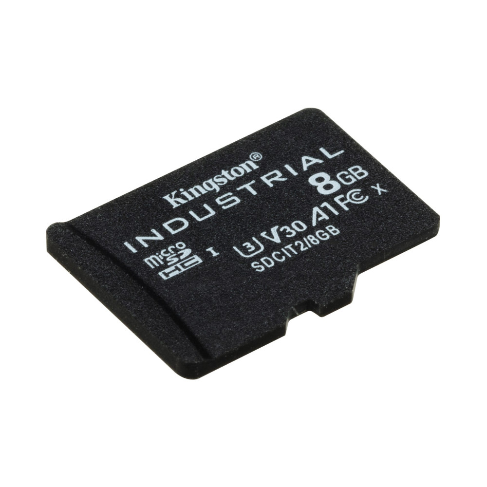 Czarna karta microSD Kingston Industrial 8GB z białym napisem.