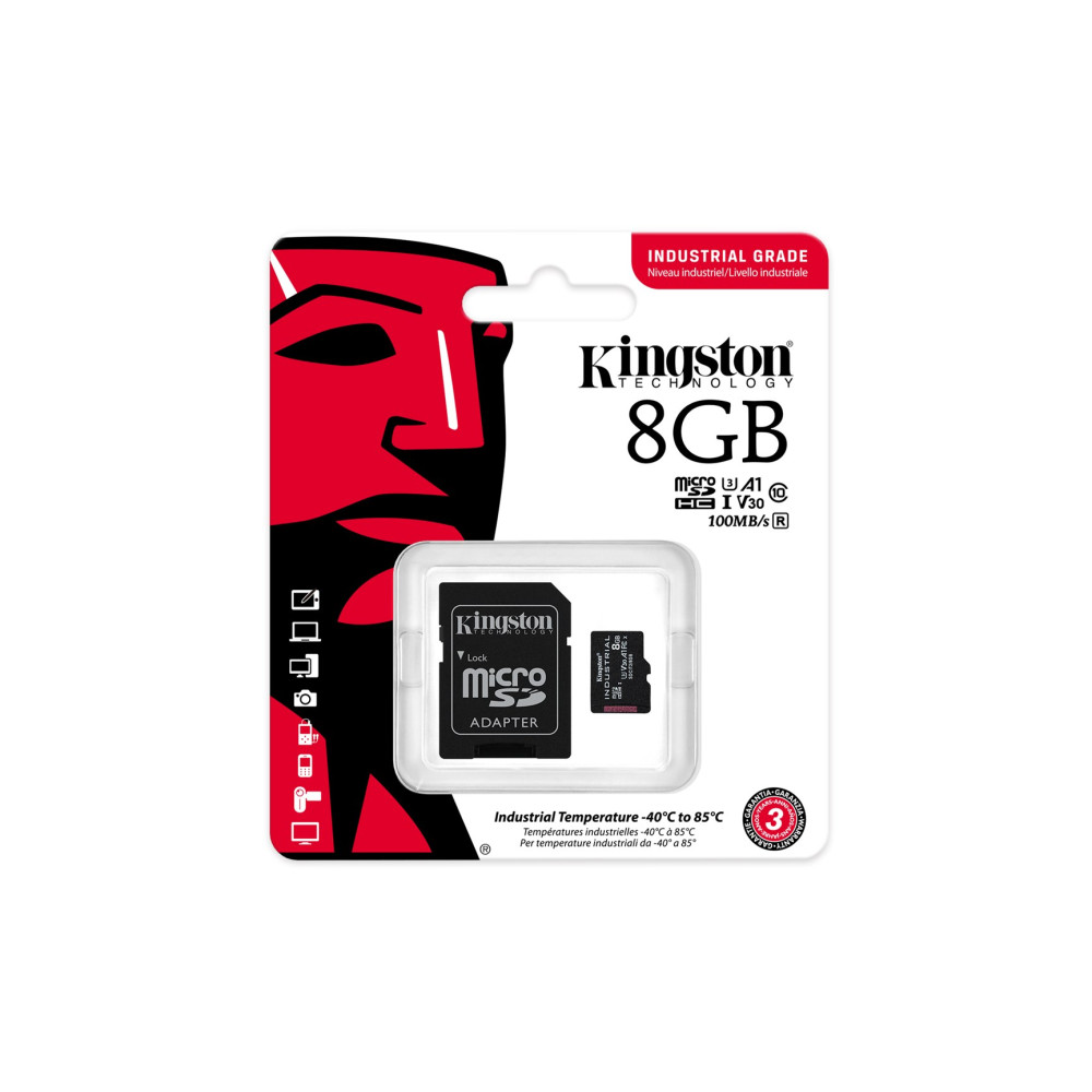 Karta Kingston 8GB MicroSD z adapterem, klasa przemysłowa, czerwione opakowanie.