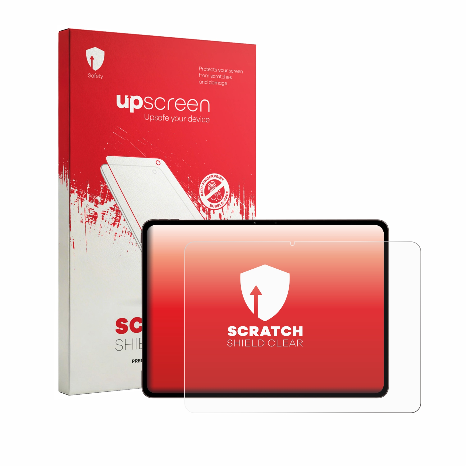 Bildschirmfolie und Verpackung für ein Tablet. Rote Verpackung mit Schriftzug.