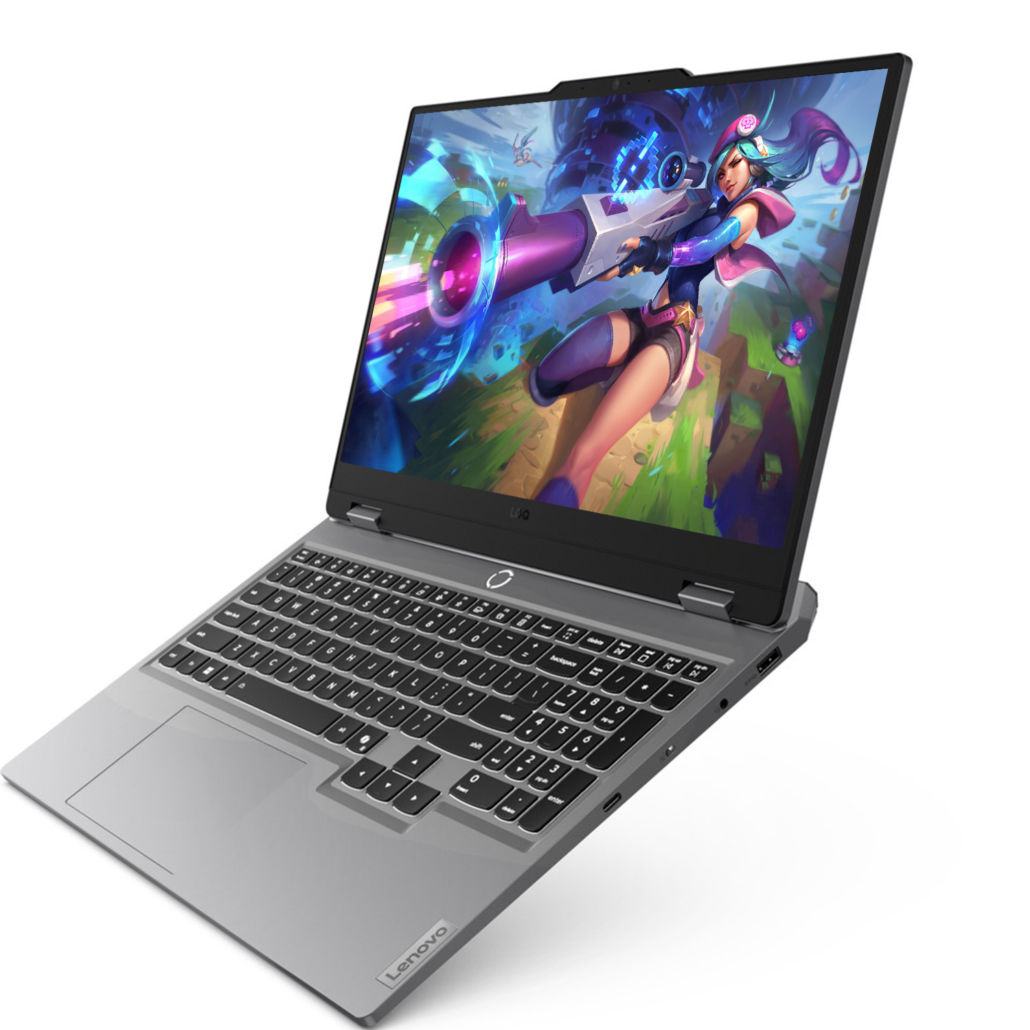 Ekranında oyun gösteren gri bir Lenovo oyuncu dizüstü bilgisayarı.
