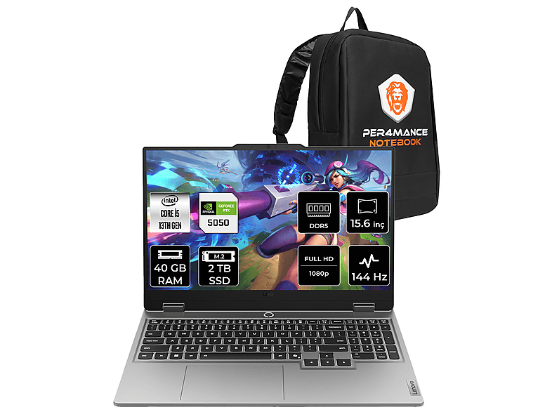 LENOVO LOQ RTX 5050 8 GB FHD 144 Hz 83JE00JLTRP328 PER4 Gaming Intel Core i5-13450HX 40 GB RAM 2 TB SSD 15,6 inç FreeDOS Laptop+Çanta Metalik Gri
