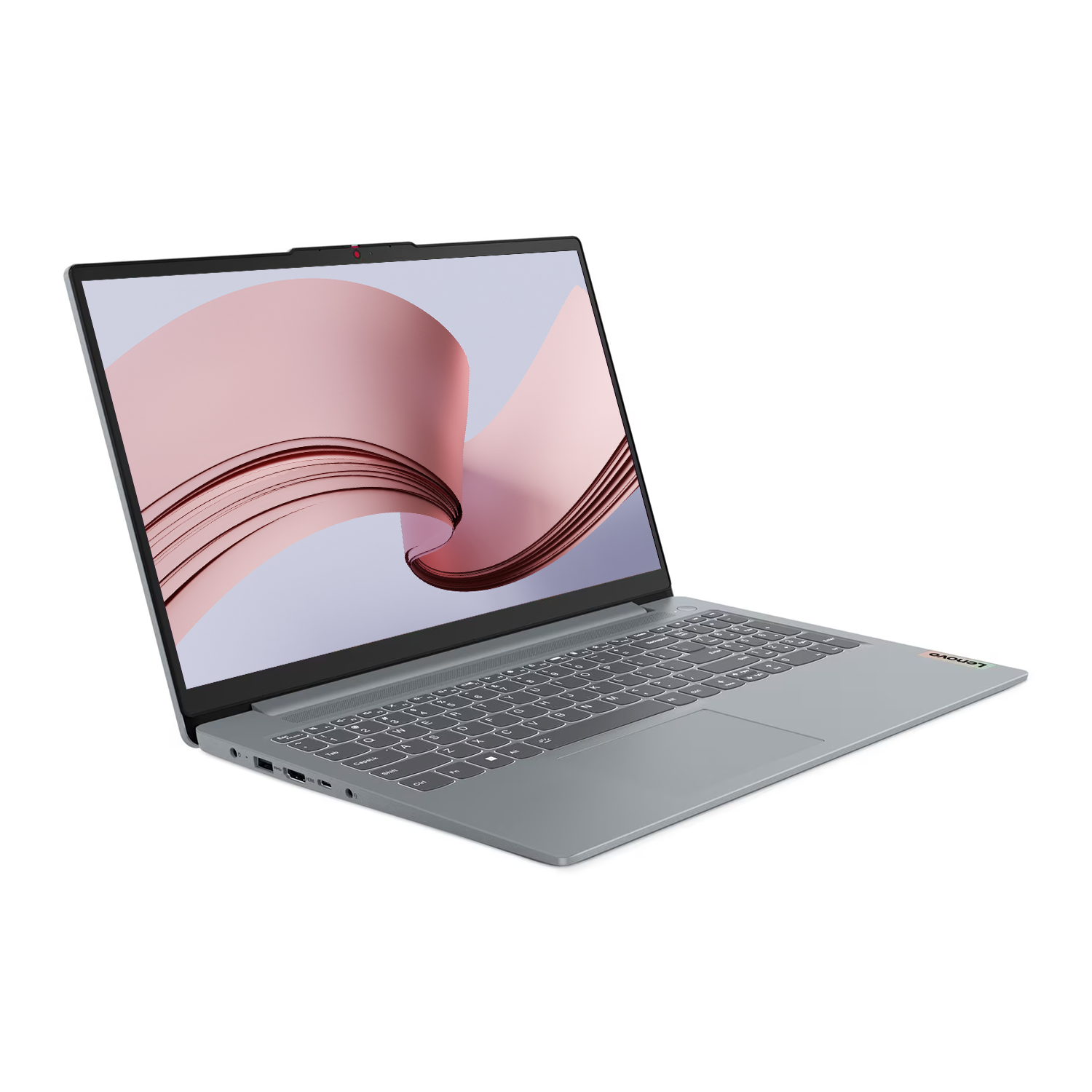 Soyut grafikler gösteren klavyeli ve ekranlı gri bir Lenovo dizüstü bilgisayar.