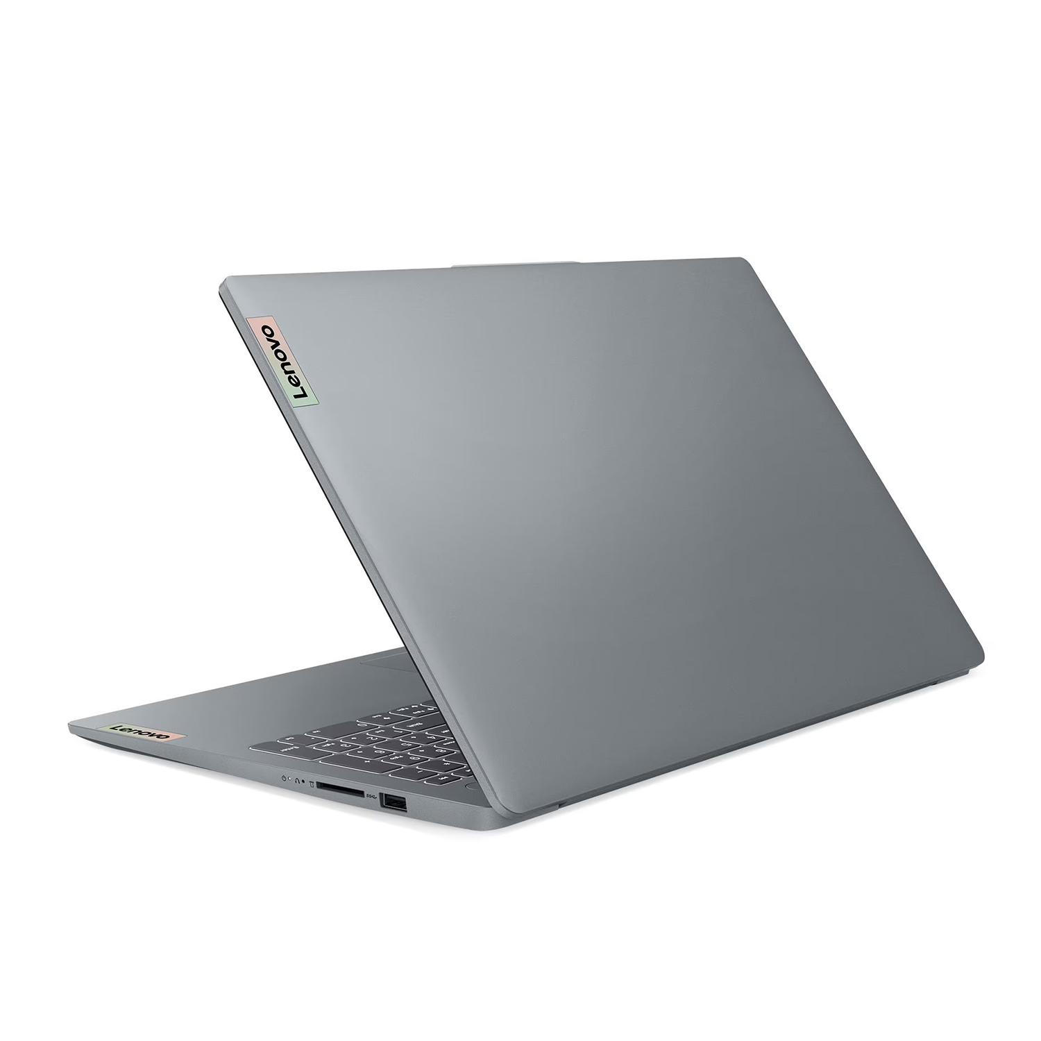 Yan taraftan görünen, ekranı açık gri bir Lenovo dizüstü bilgisayar.