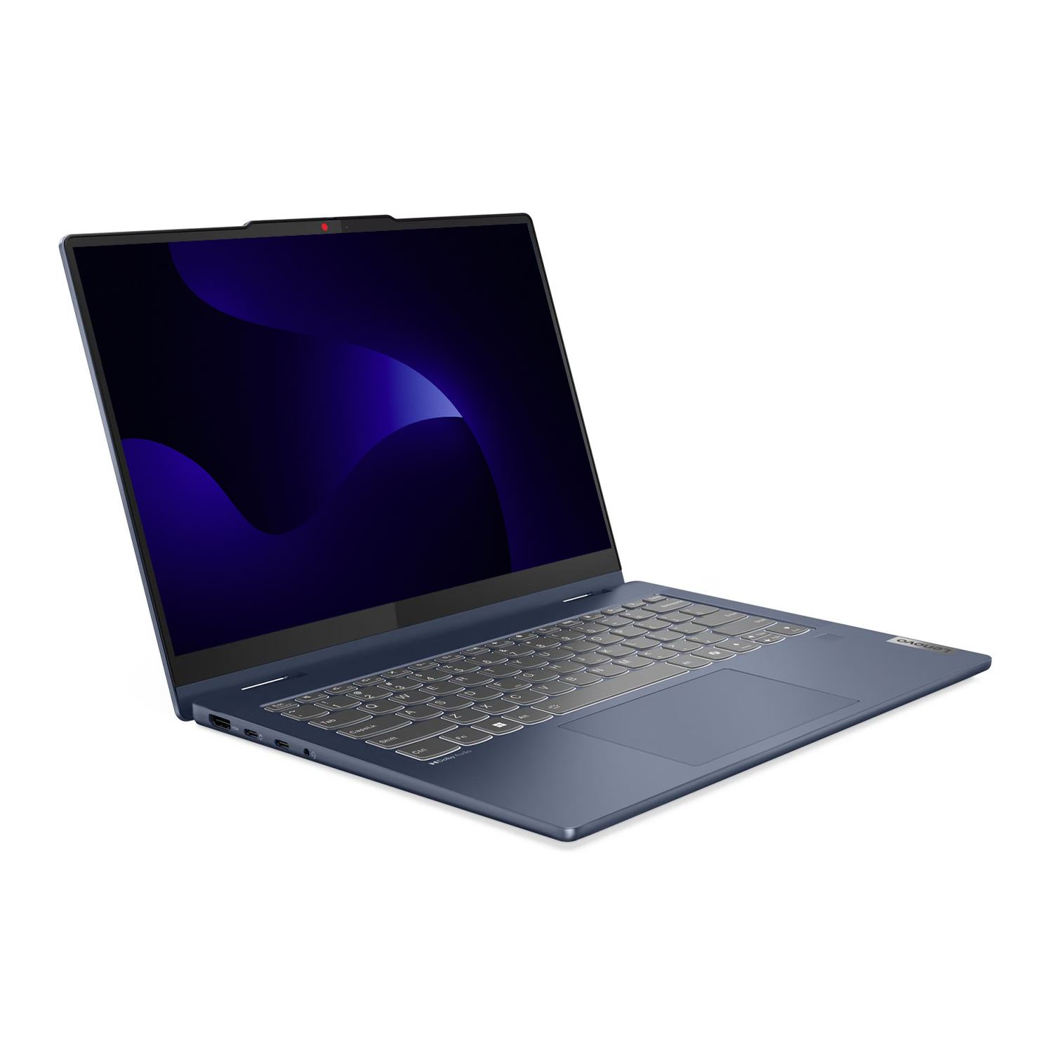 Kamera üzerinde kırmızı nokta bulunan mavi Lenovo dizüstü bilgisayar.