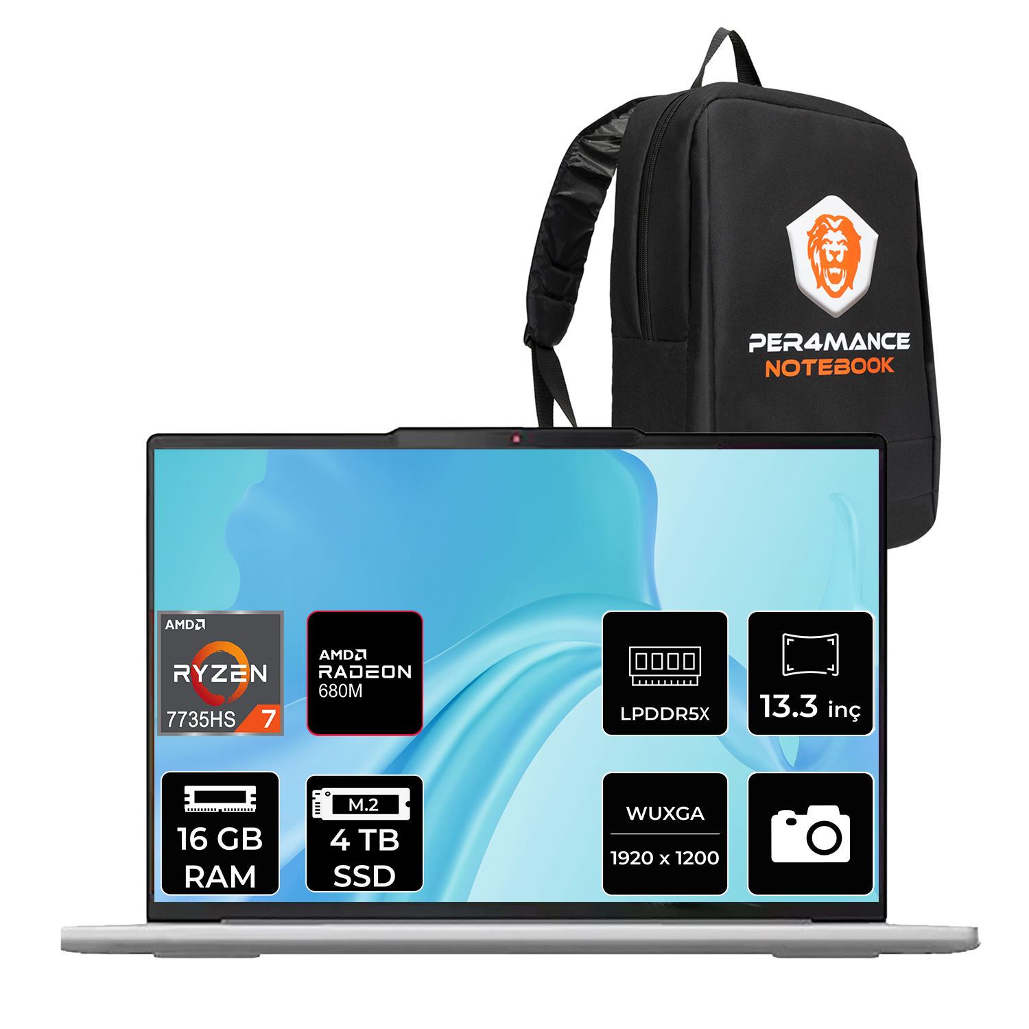Gümüş laptop özellikler ve siyah sırt çantası ile. Özellikler: Ryzen 7, Radeon 680M, 16GB RAM, 4TB SSD.