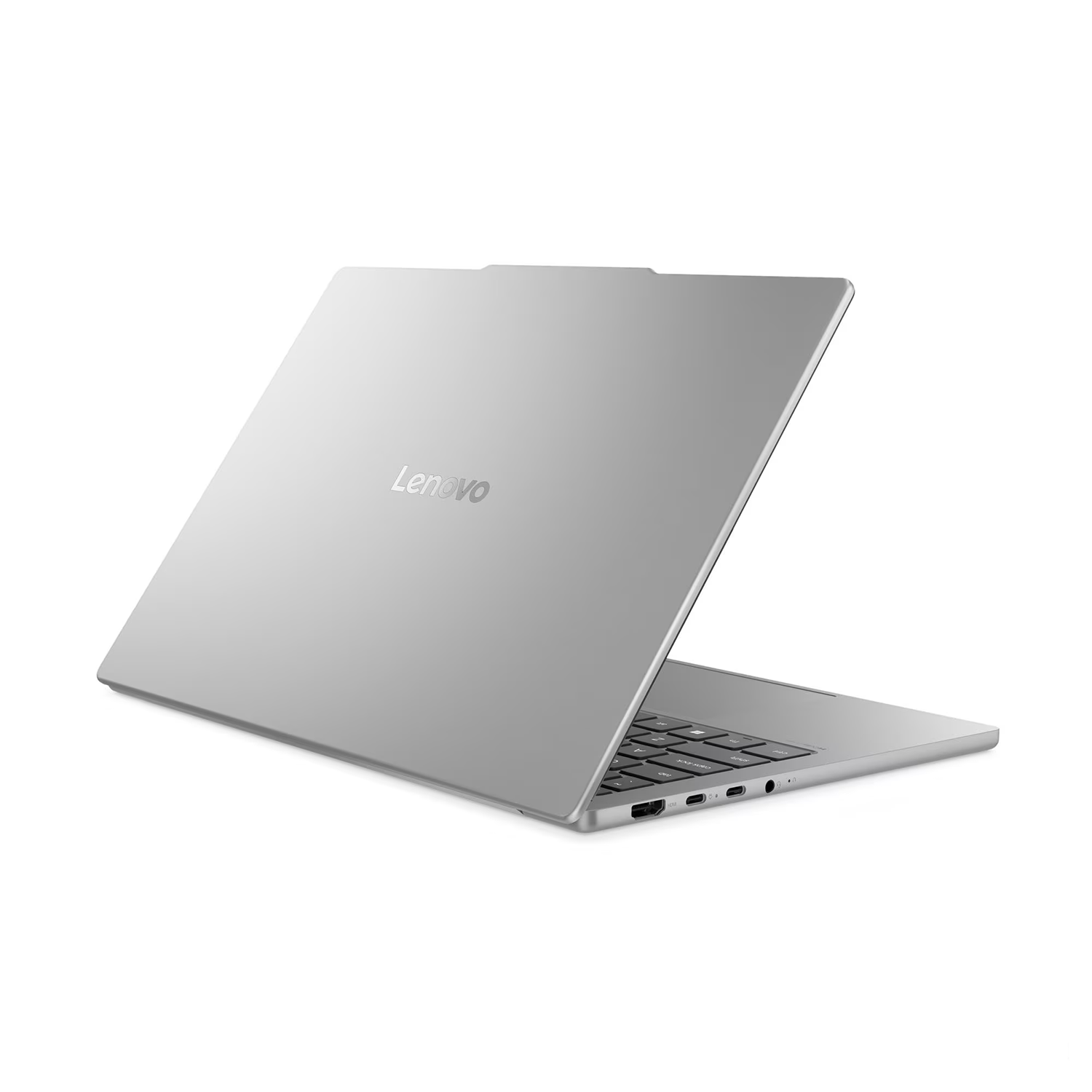 Gümüş Lenovo dizüstü bilgisayar, klavye ve portları gösteriyor.