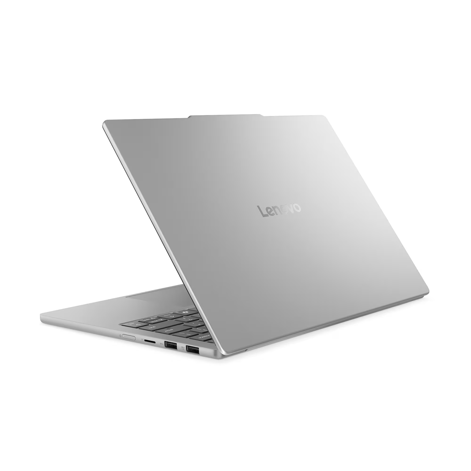 Yan tarafında USB bağlantı noktaları bulunan, kısmen açık gümüş Lenovo dizüstü bilgisayar.