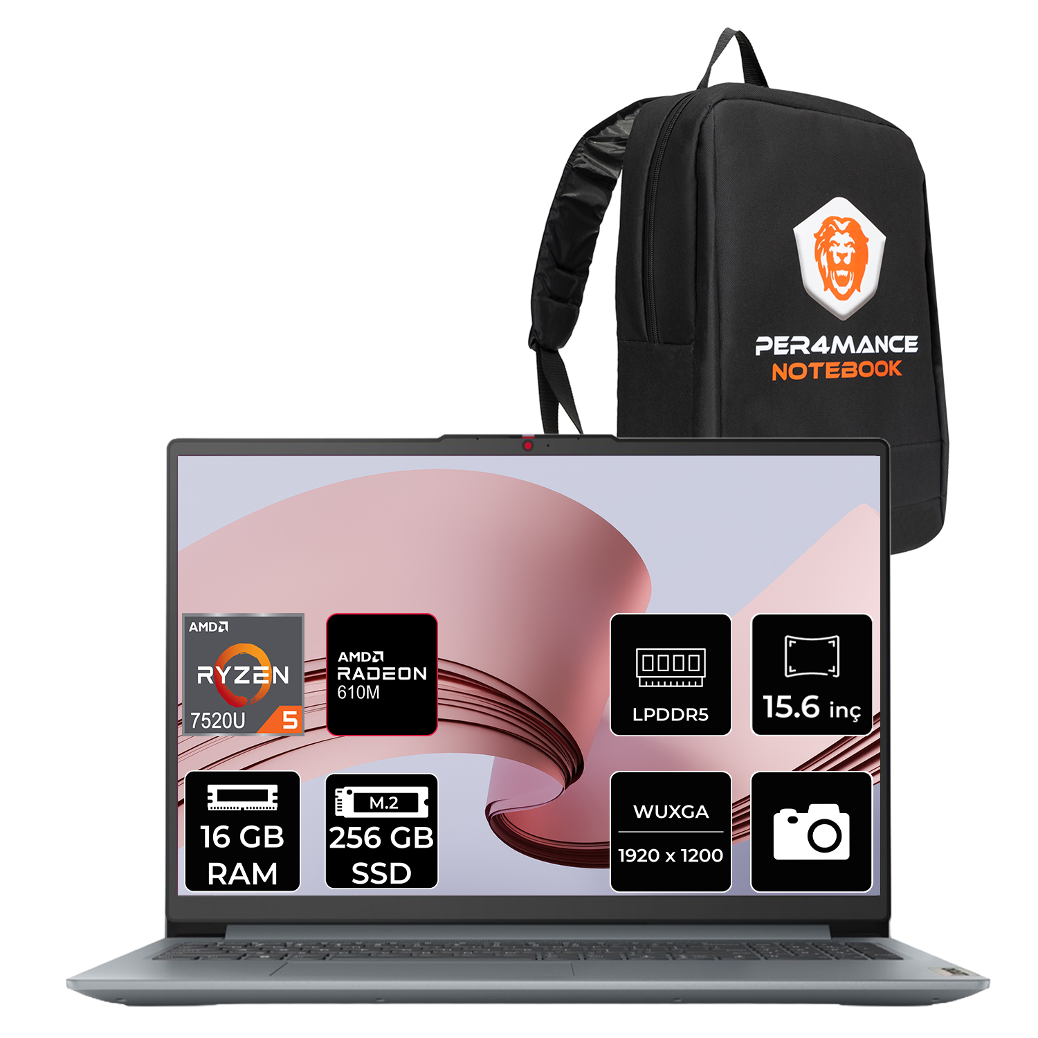 AMD Ryzen 5, 16 GB RAM, 256 GB SSD dizüstü bilgisayar ve sırt çantası.