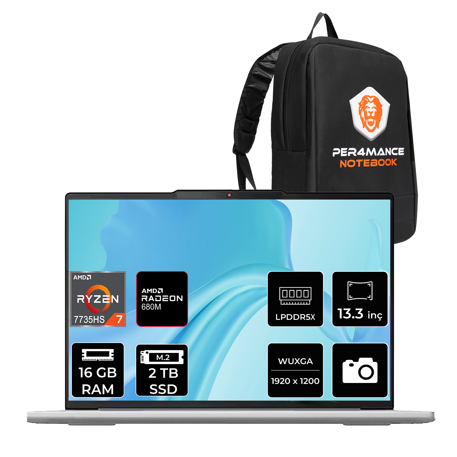 Ryzen 7, Radeon 680M, 16 GB RAM, 2 TB SSD, LPDDR5X, 13.3 inç WUXGA dizüstü bilgisayar, logolu siyah sırt çantasının yanında.