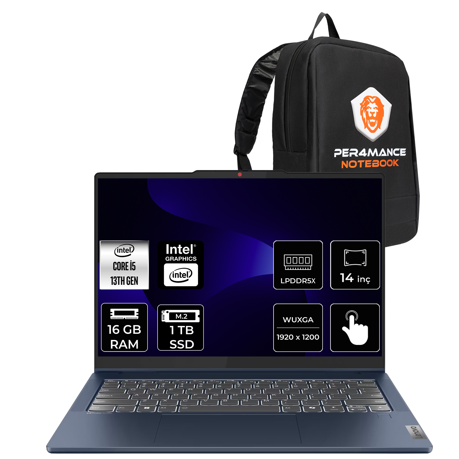 Intel Core i5, 16 GB RAM, 1 TB SSD, 14 inç mavi dizüstü bilgisayar ve siyah sırt çantası.
