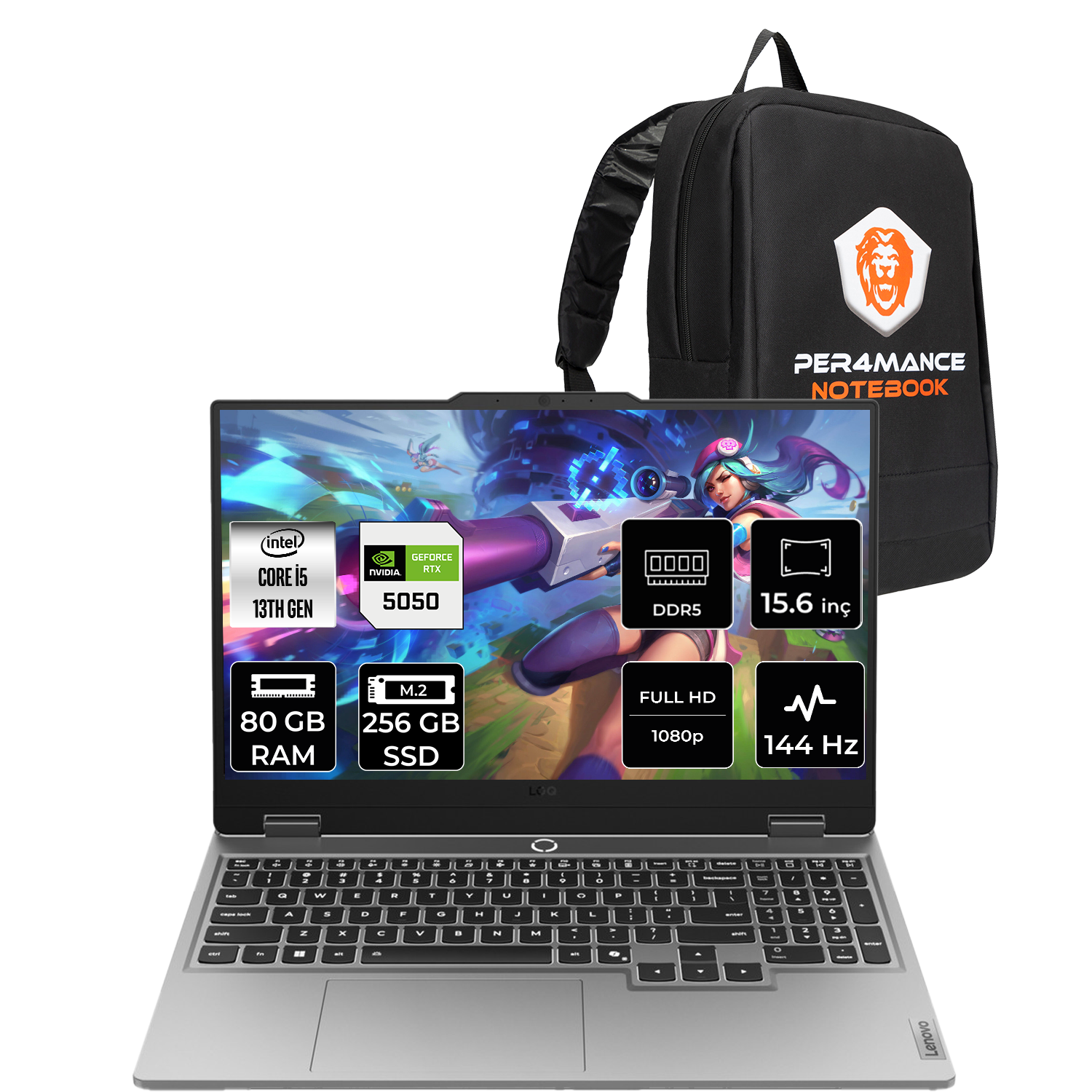 Siyah sırt çantalı gümüş rengi dizüstü bilgisayar. Intel Core i5, 80GB RAM, 256GB SSD, 144Hz.