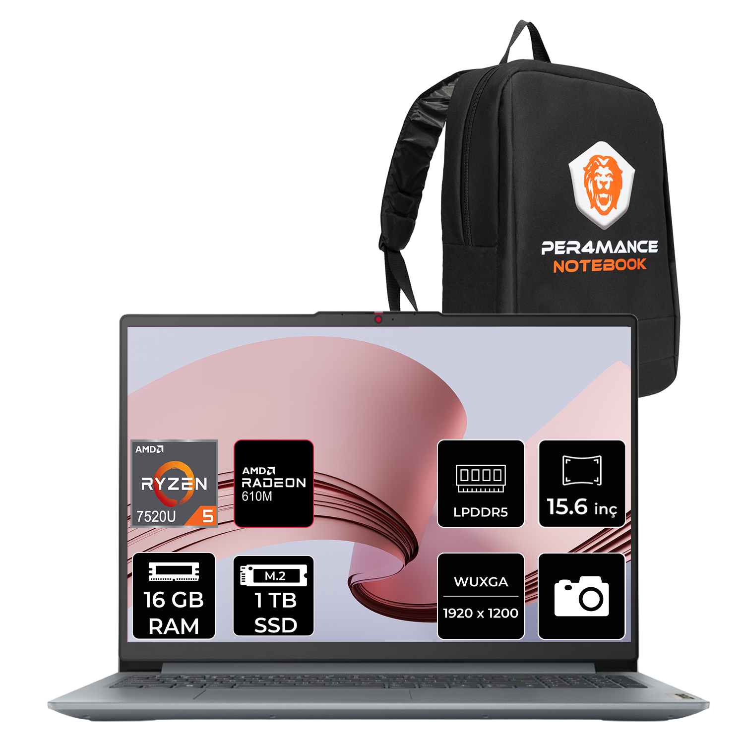 Ryzen 5, 16 GB RAM, 1 TB SSD, 15,6 inç ekranlı dizüstü bilgisayar ve siyah sırt çantası.