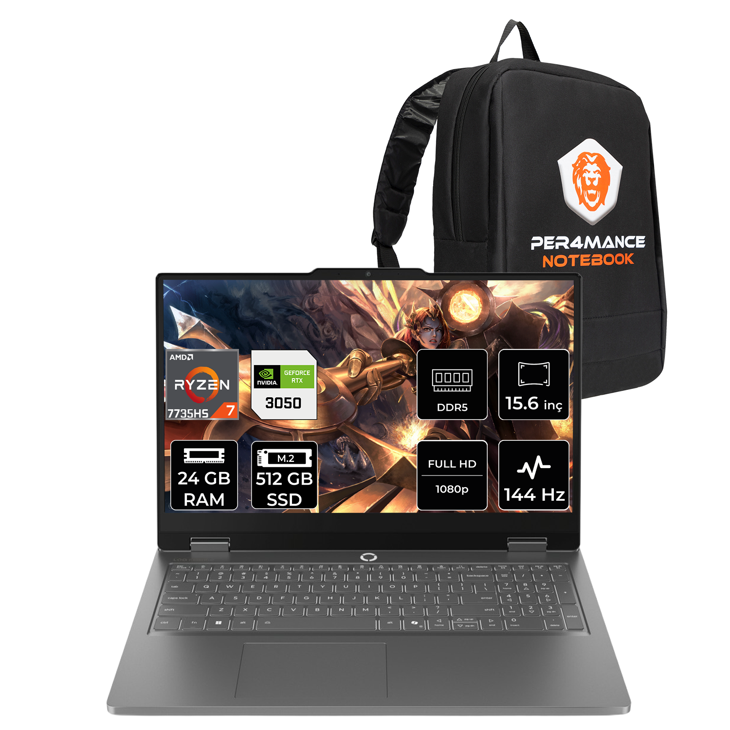 Ryzen 7 CPU, RTX 3050 GPU, 24GB RAM, 512GB SSD'li dizüstü bilgisayar ve siyah sırt çantası.