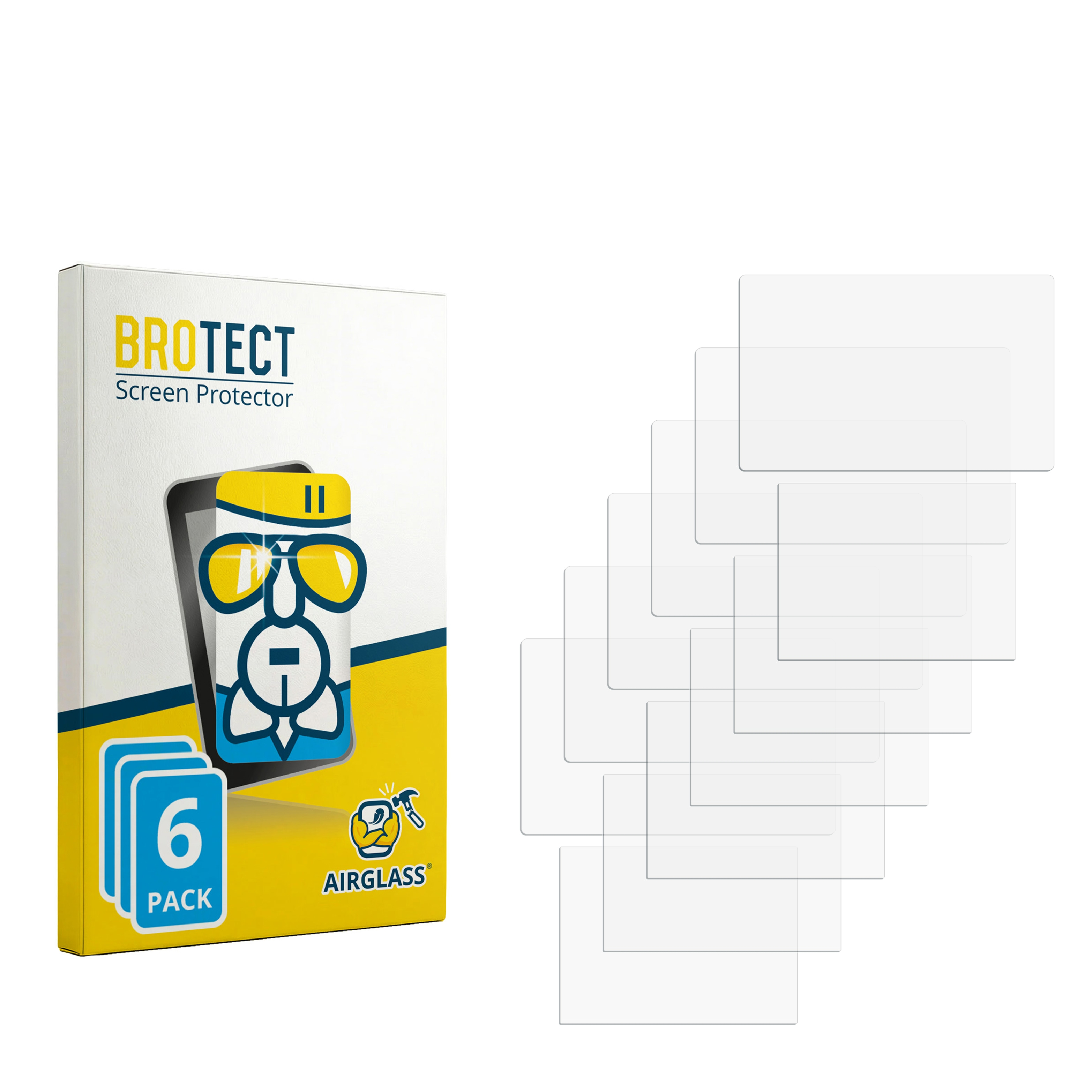Verpackung für Displayschutzfolien mit 6 Stück und einzelnen Folien daneben.