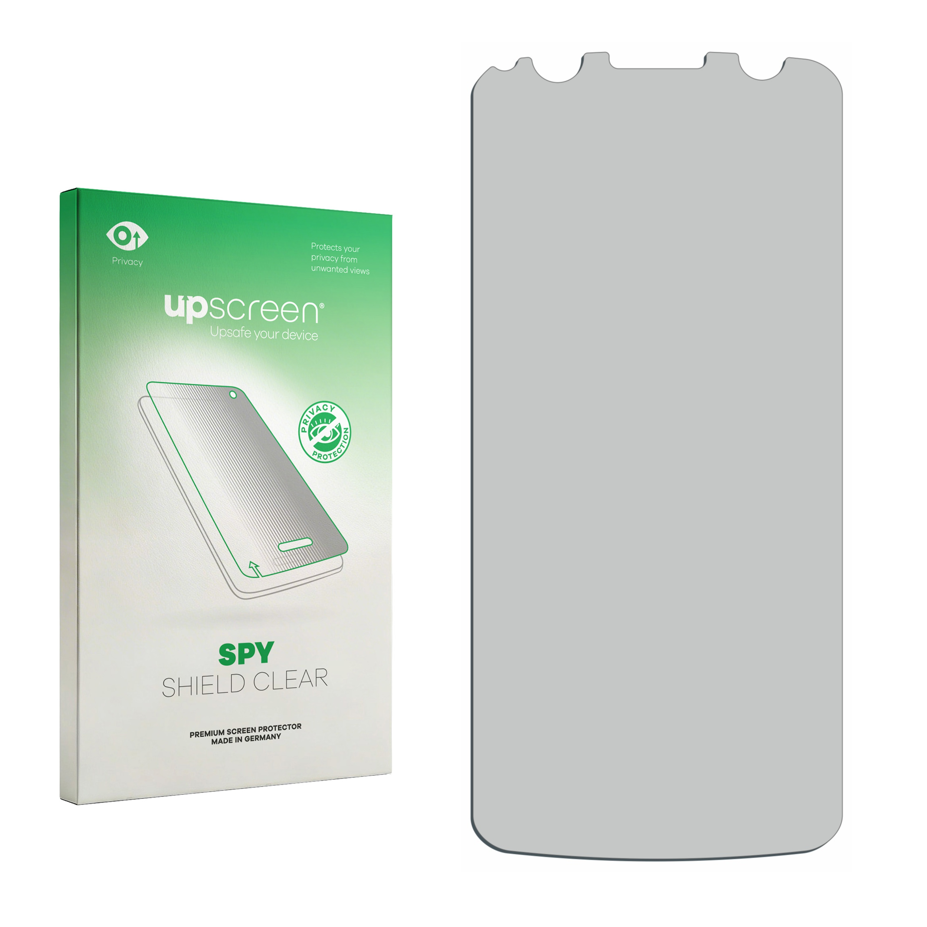 Eine grüne Box für 'upscreen SPY SHIELD CLEAR' und eine graue Displayschutzfolie.