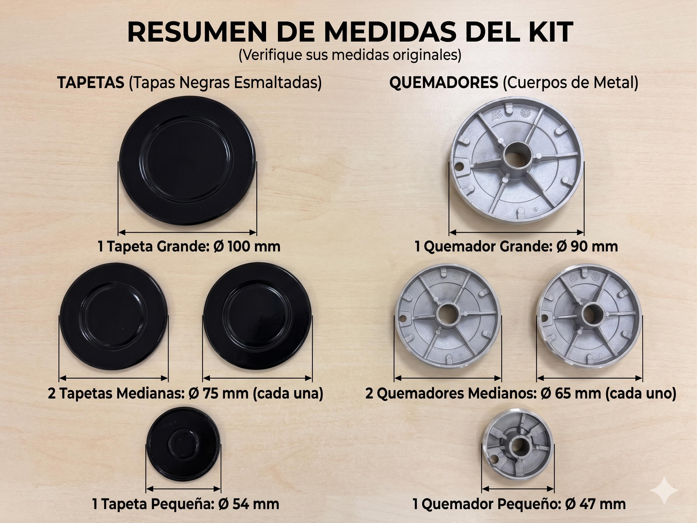 Resumen de medidas del kit: tapas negras y quemadores metálicos de varios tamaños.