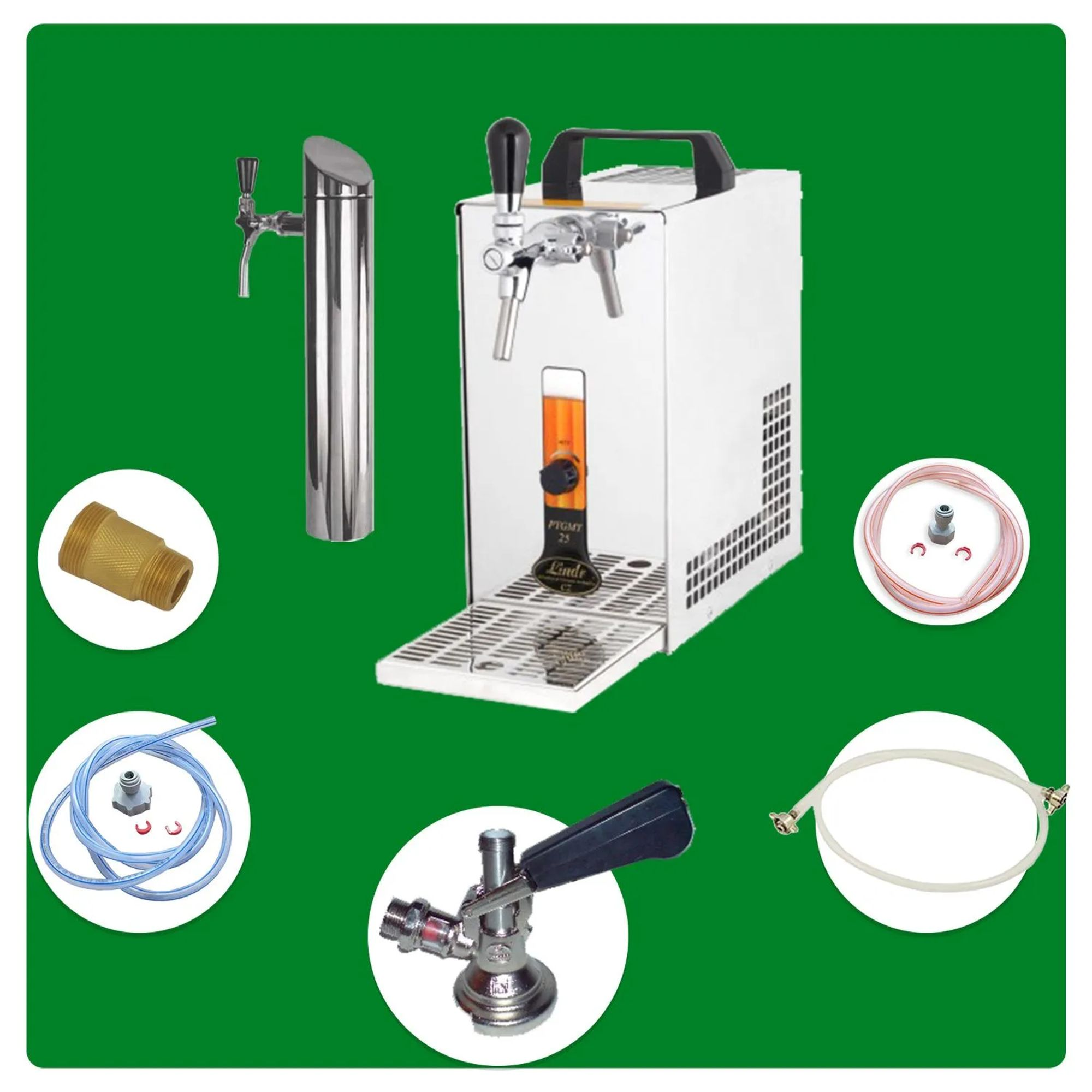 Distributeur de bière avec accessoires : refroidisseur, robinet, tuyaux, connecteurs et adaptateurs.