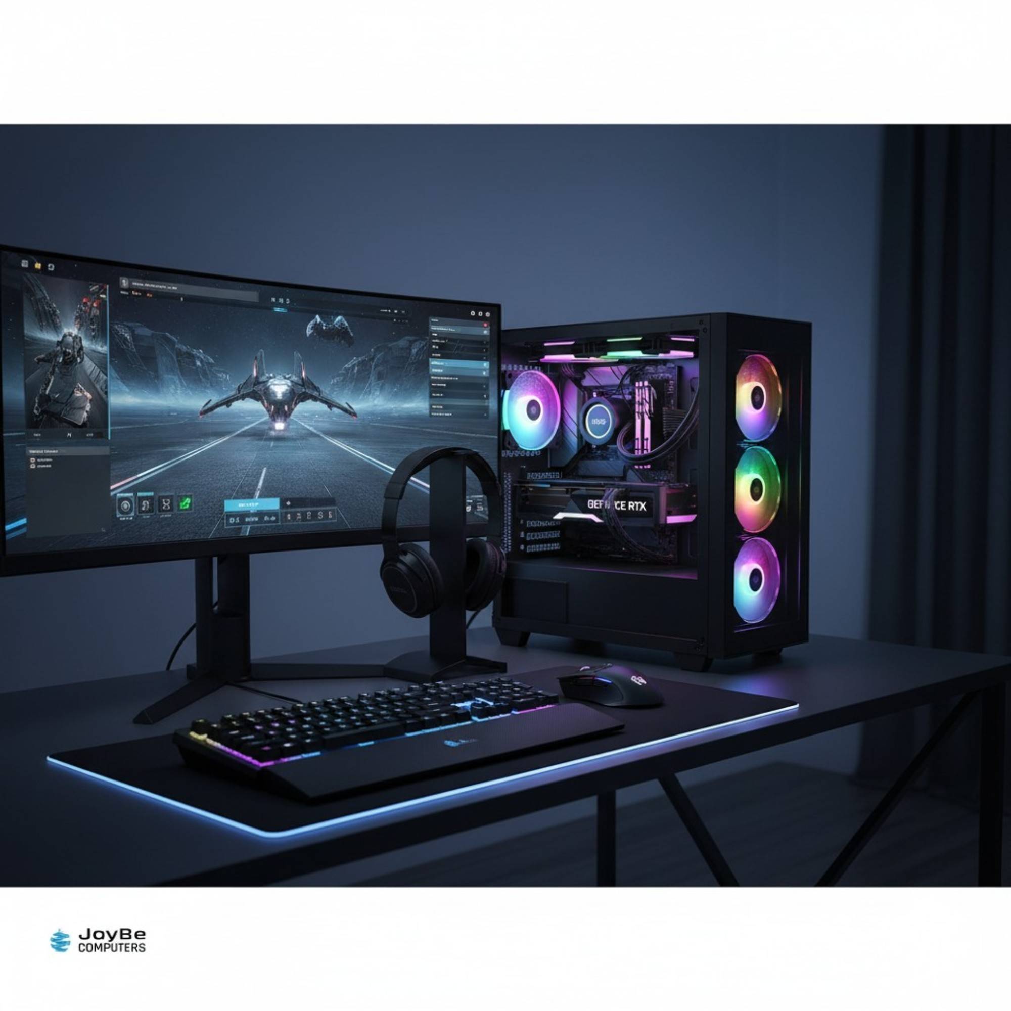 Una configuración de PC para juegos con iluminación RGB, monitor que muestra un juego espacial, teclado, ratón y auriculares.