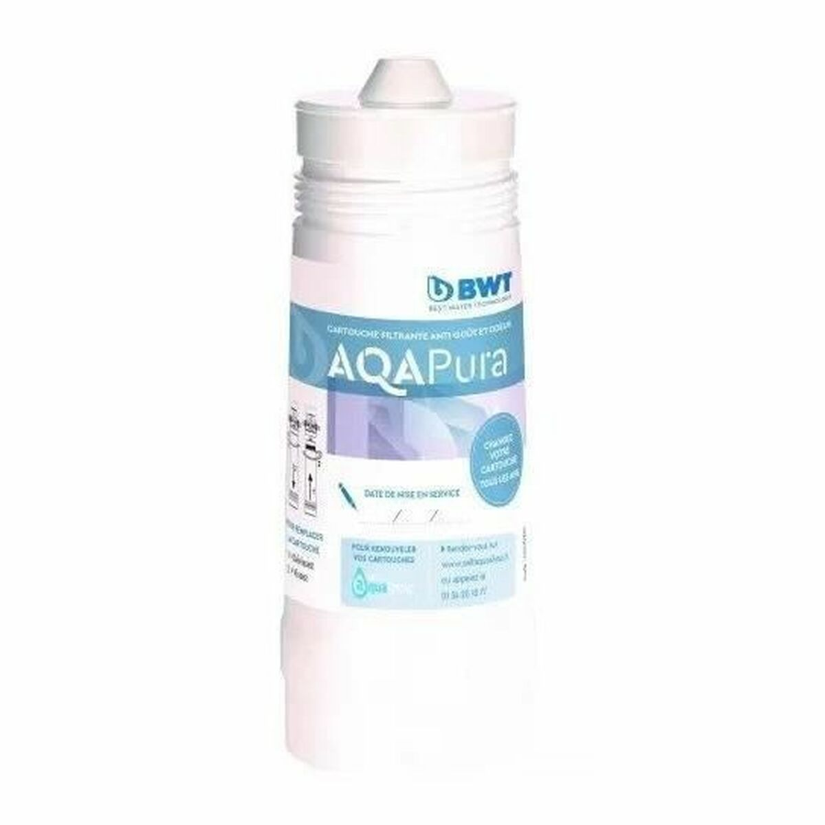 Weiße BWT AQAPura Wasserfilterkartusche mit blauen und lila Akzenten.