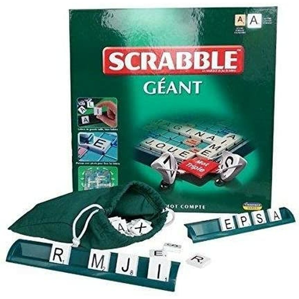 Scrabble Géant bordspel met tegels, zak en rekjes.