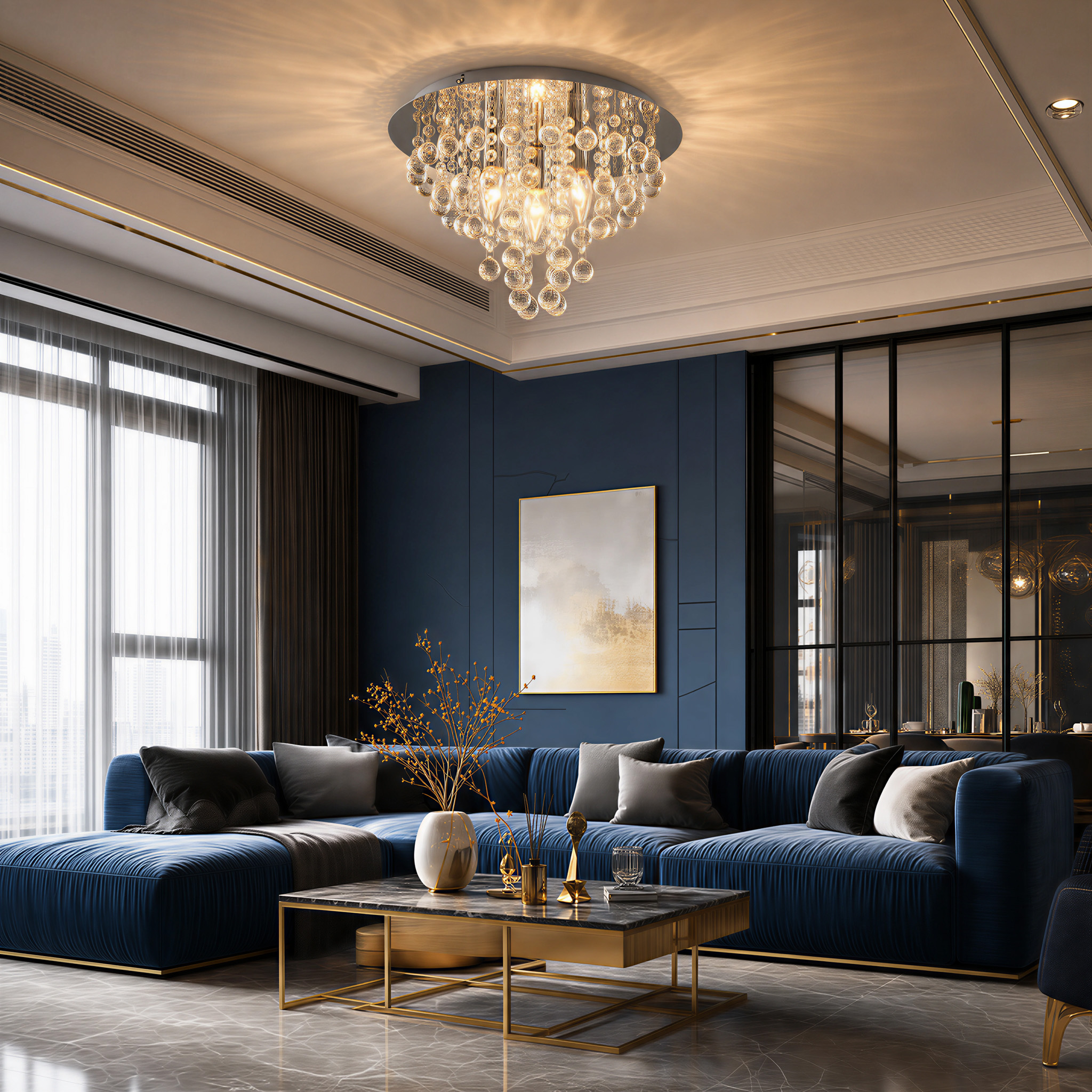 Ein luxuriöses Wohnzimmer mit einem großen blauen Sofa, einem Couchtisch und einem Kronleuchter.